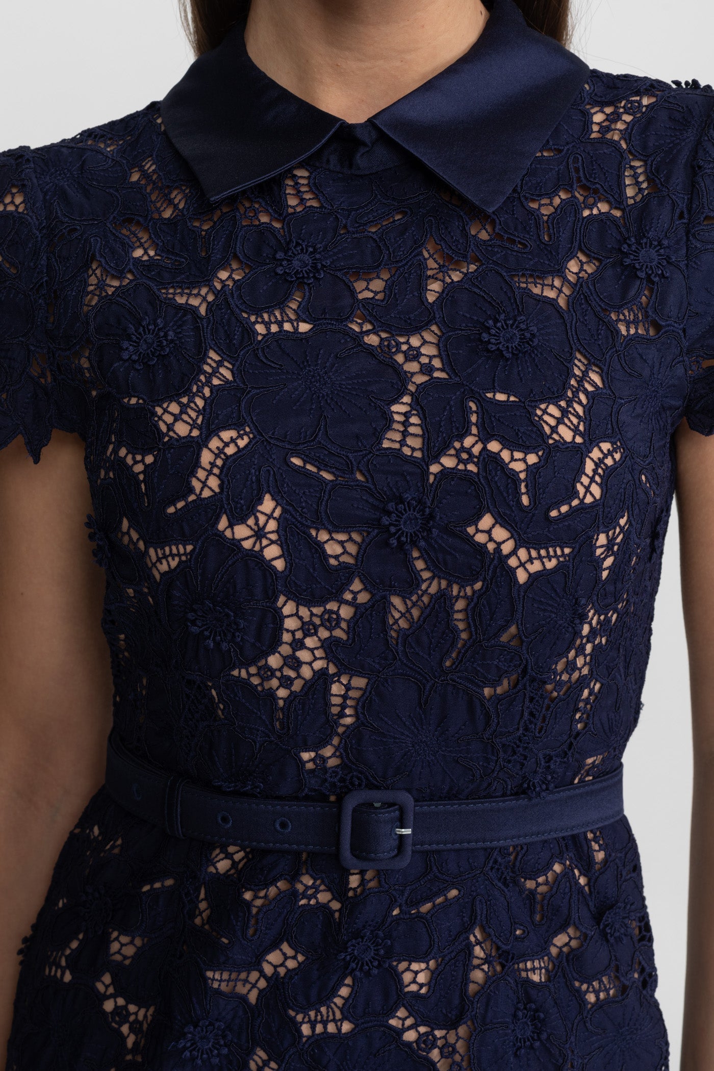 Lace Midi Dress with Belted Waist and Collared Neckline – Navy - ICYBOO