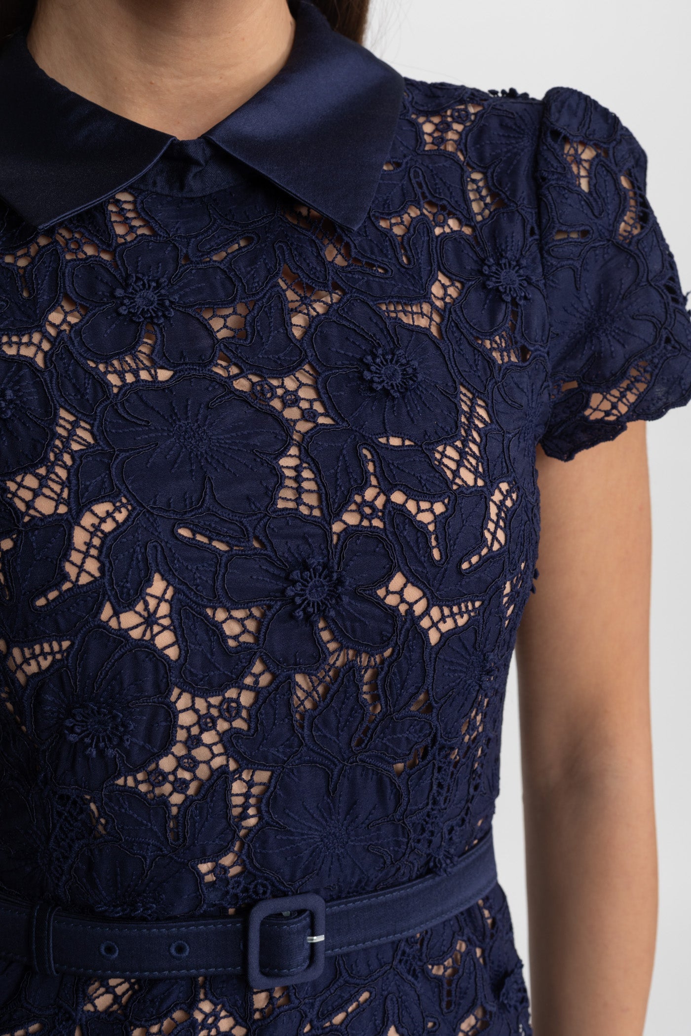 Lace Midi Dress with Belted Waist and Collared Neckline – Navy - ICYBOO