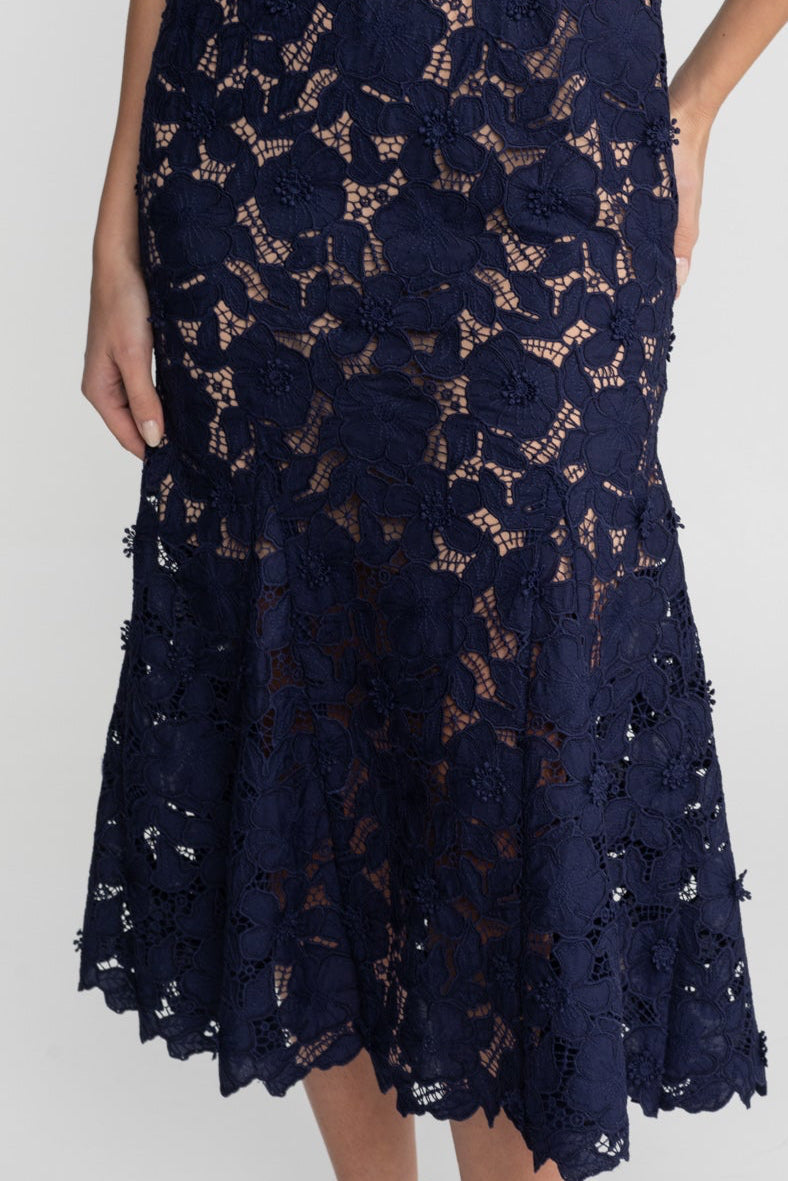 Lace Midi Dress with Belted Waist and Collared Neckline – Navy - ICYBOO