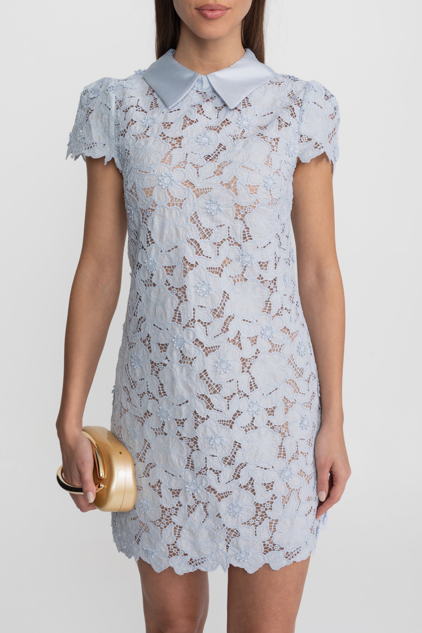 Floral Lace Mini Dress with Satin Collar – Light Blue - ICYBOO