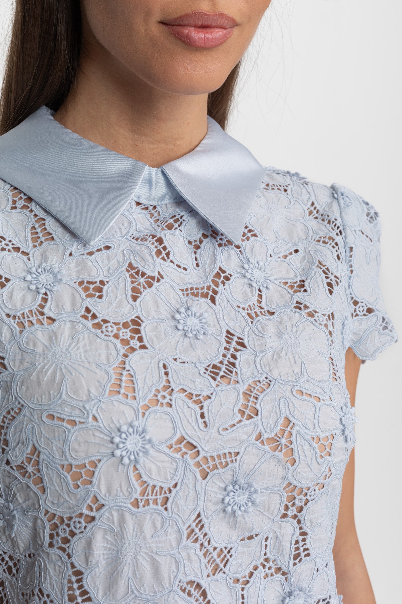 Floral Lace Mini Dress with Satin Collar – Light Blue - ICYBOO