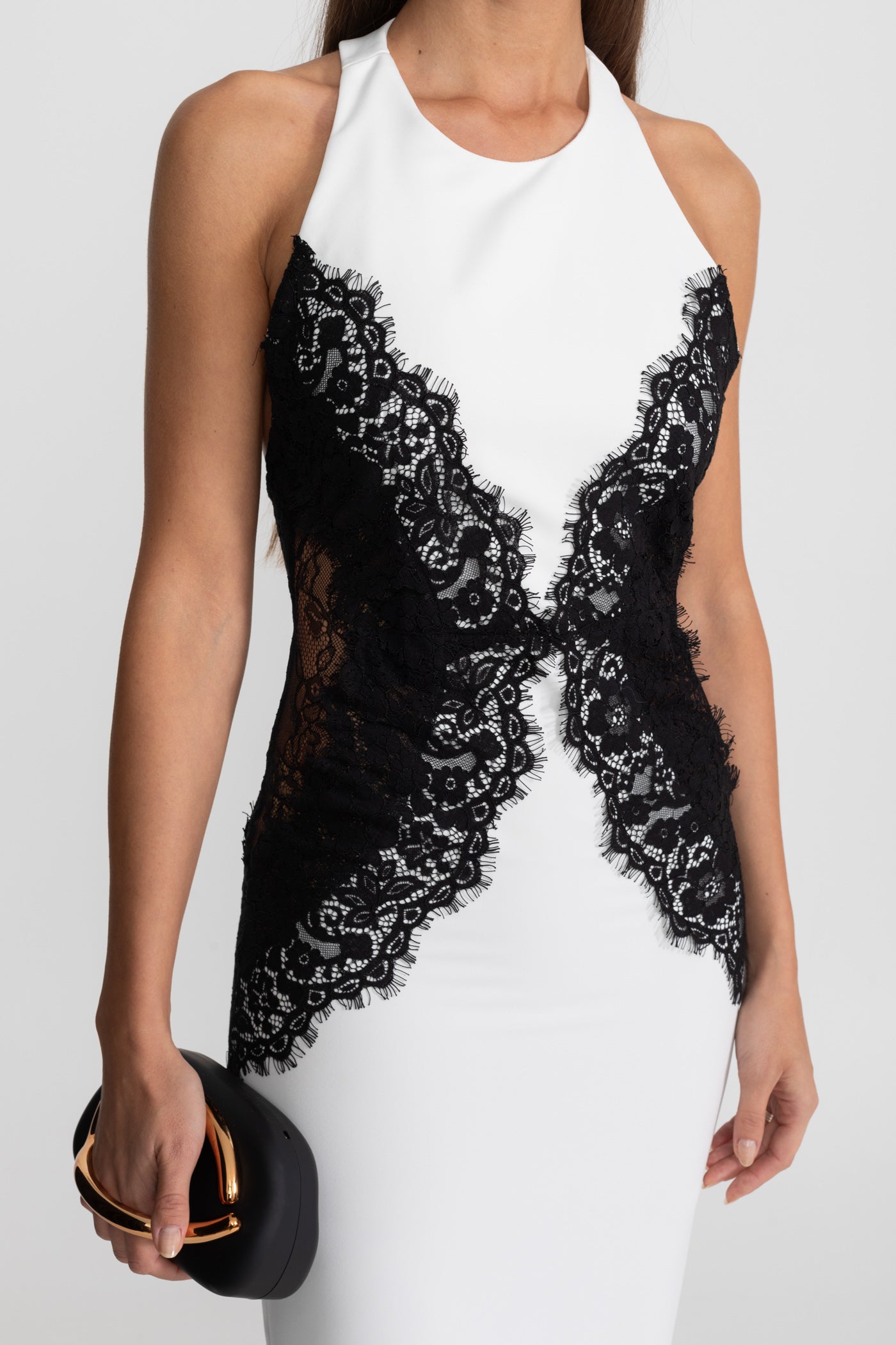 Halter Maxi Dress with Contrast Lace Panels – White - ICYBOO