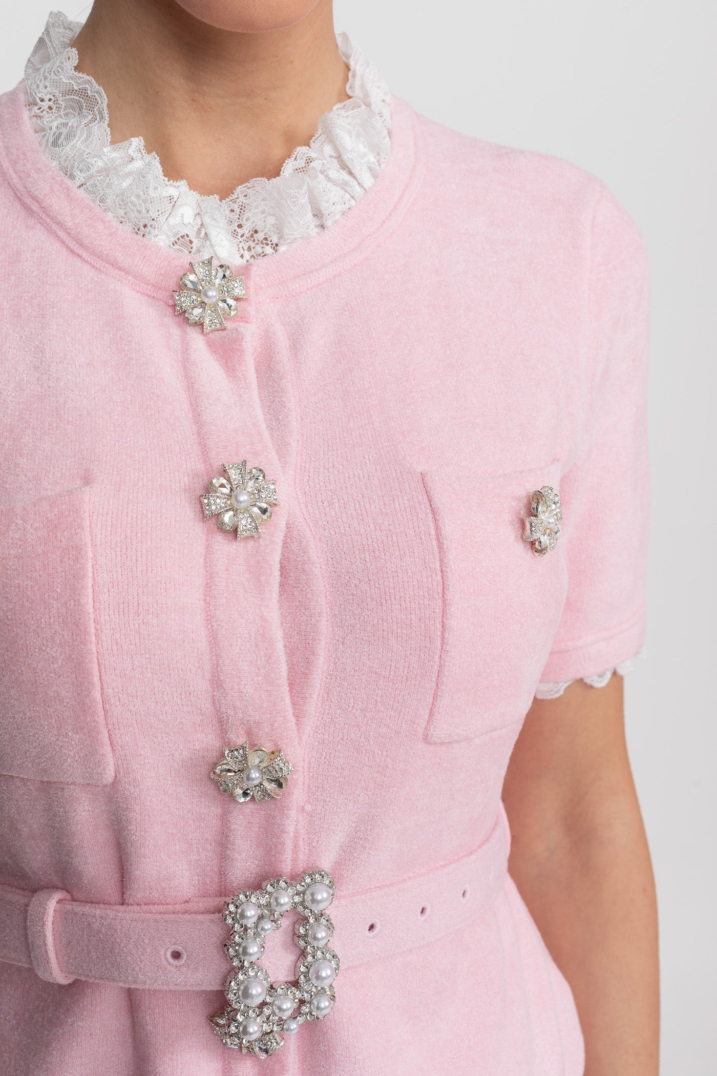Short Sleeve Co-Ord With Peplum Waist And Crystal Button Belt - Blush Pink - ICYBOO