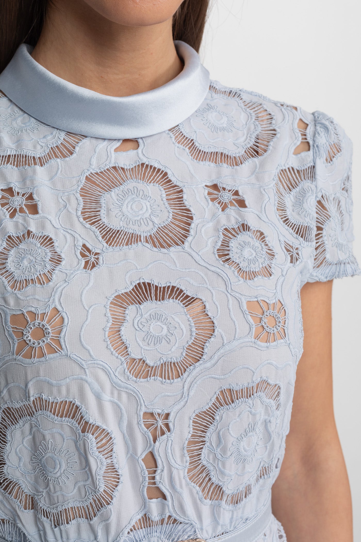 Floral Lace Midi Dress with Belted Waist – Light Blue - ICYBOO