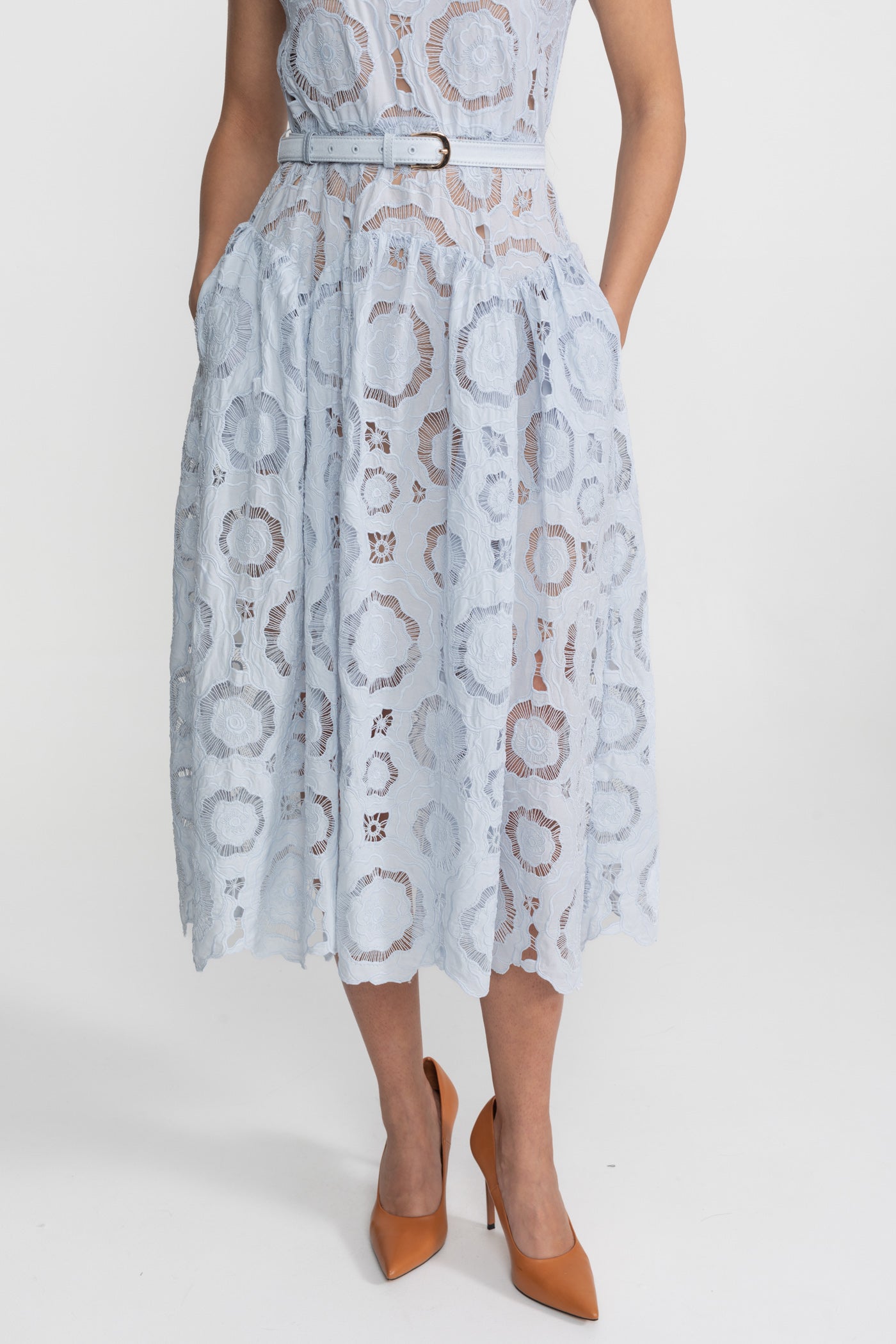 Floral Lace Midi Dress with Belted Waist – Light Blue - ICYBOO