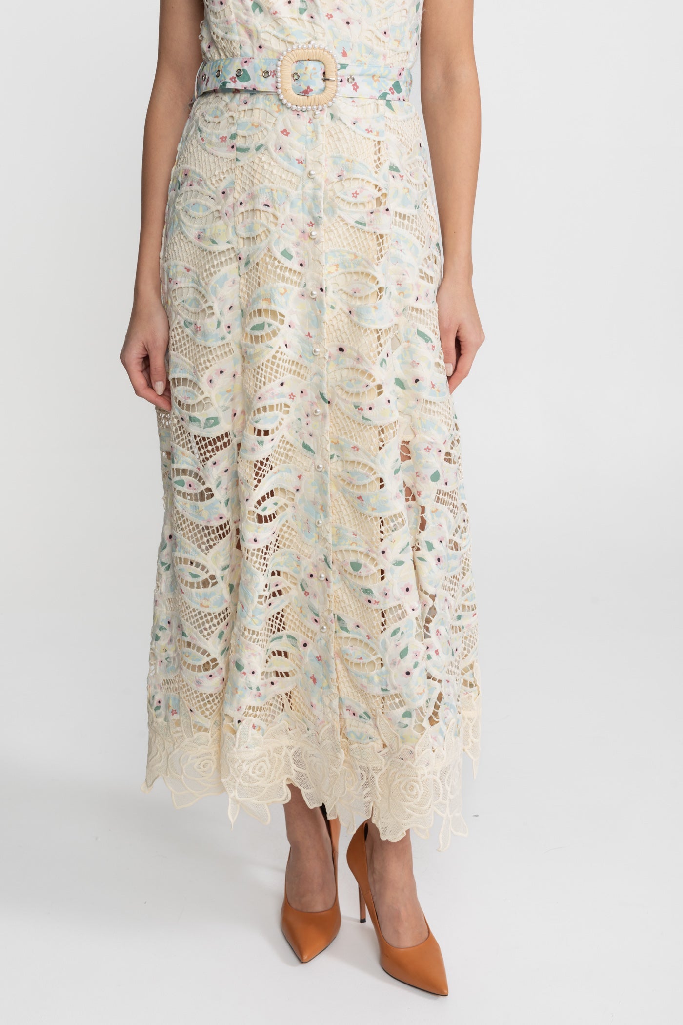 Halter Lace Midi Dress with Belted Waist – Ivoire - ICYBOO