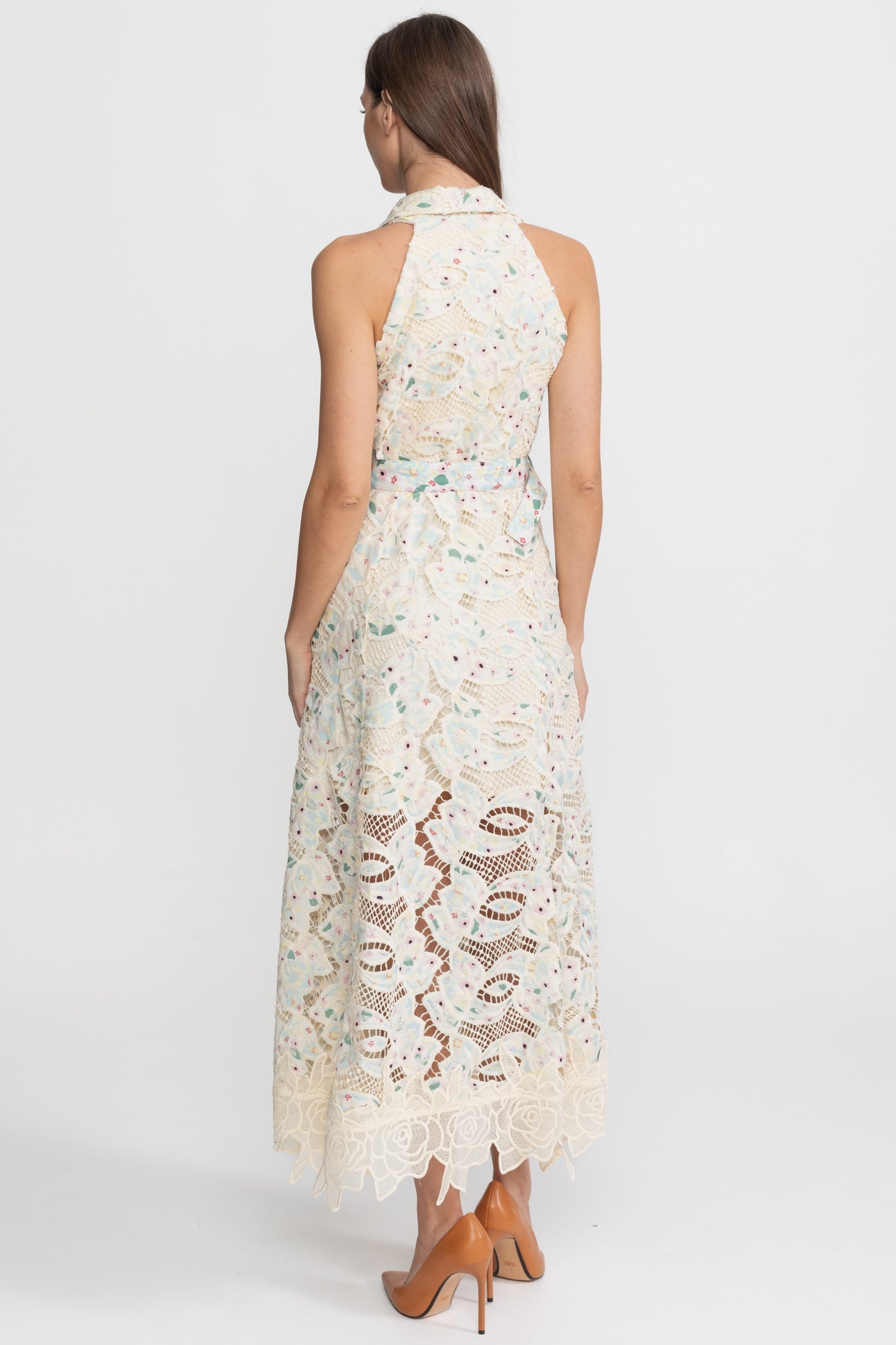 Halter Lace Midi Dress with Belted Waist – Ivoire - ICYBOO