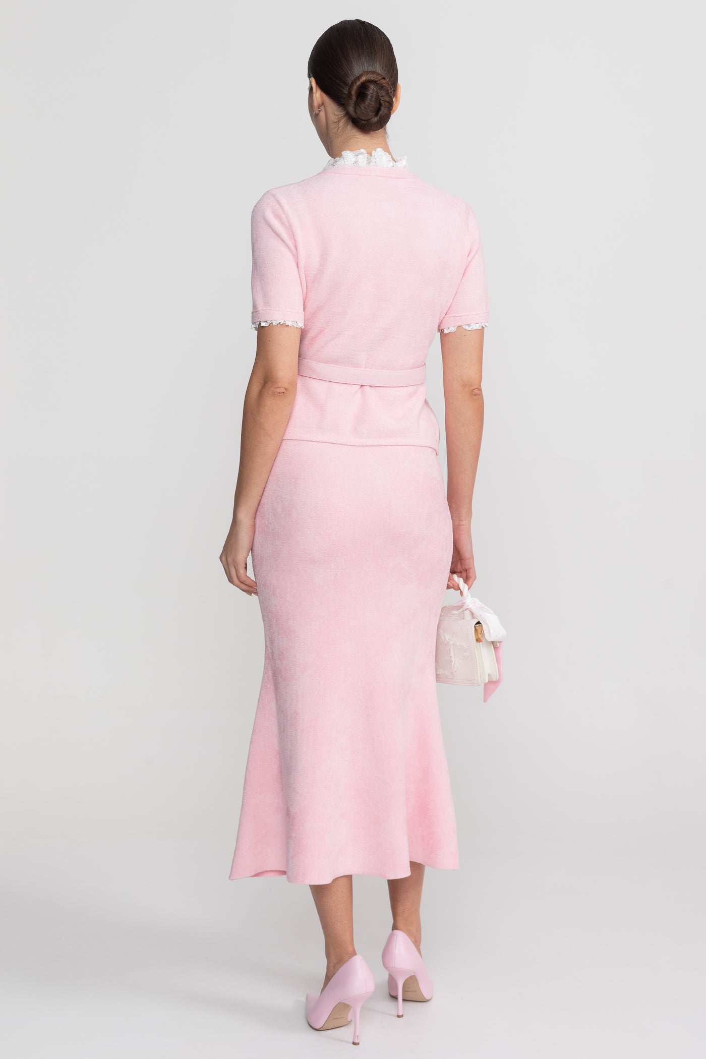 Short Sleeve Co-Ord With Peplum Waist And Crystal Button Belt - Blush Pink - ICYBOO