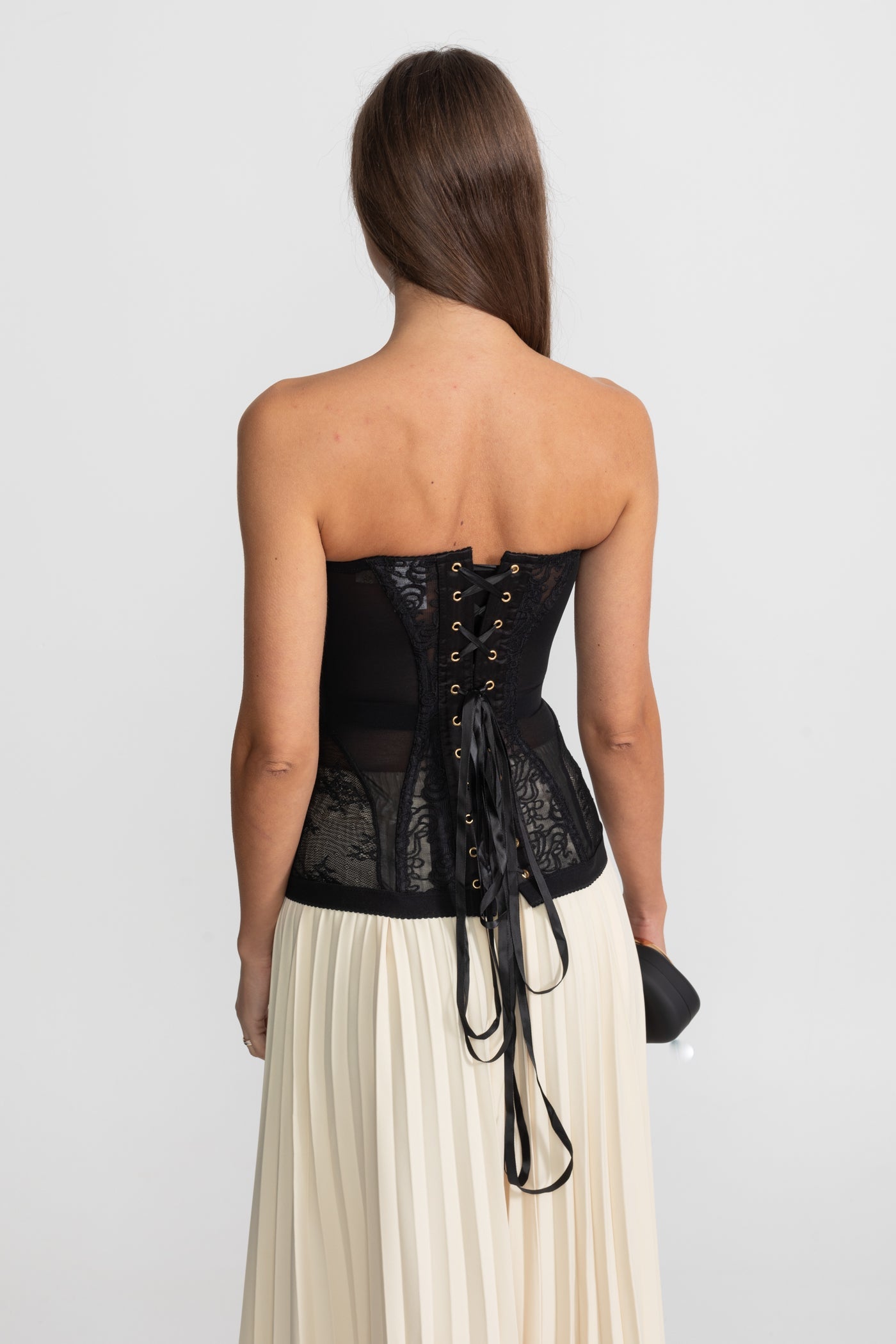 Strapless Lace Corset Top with Boning and Front Closure - Black - ICYBOO