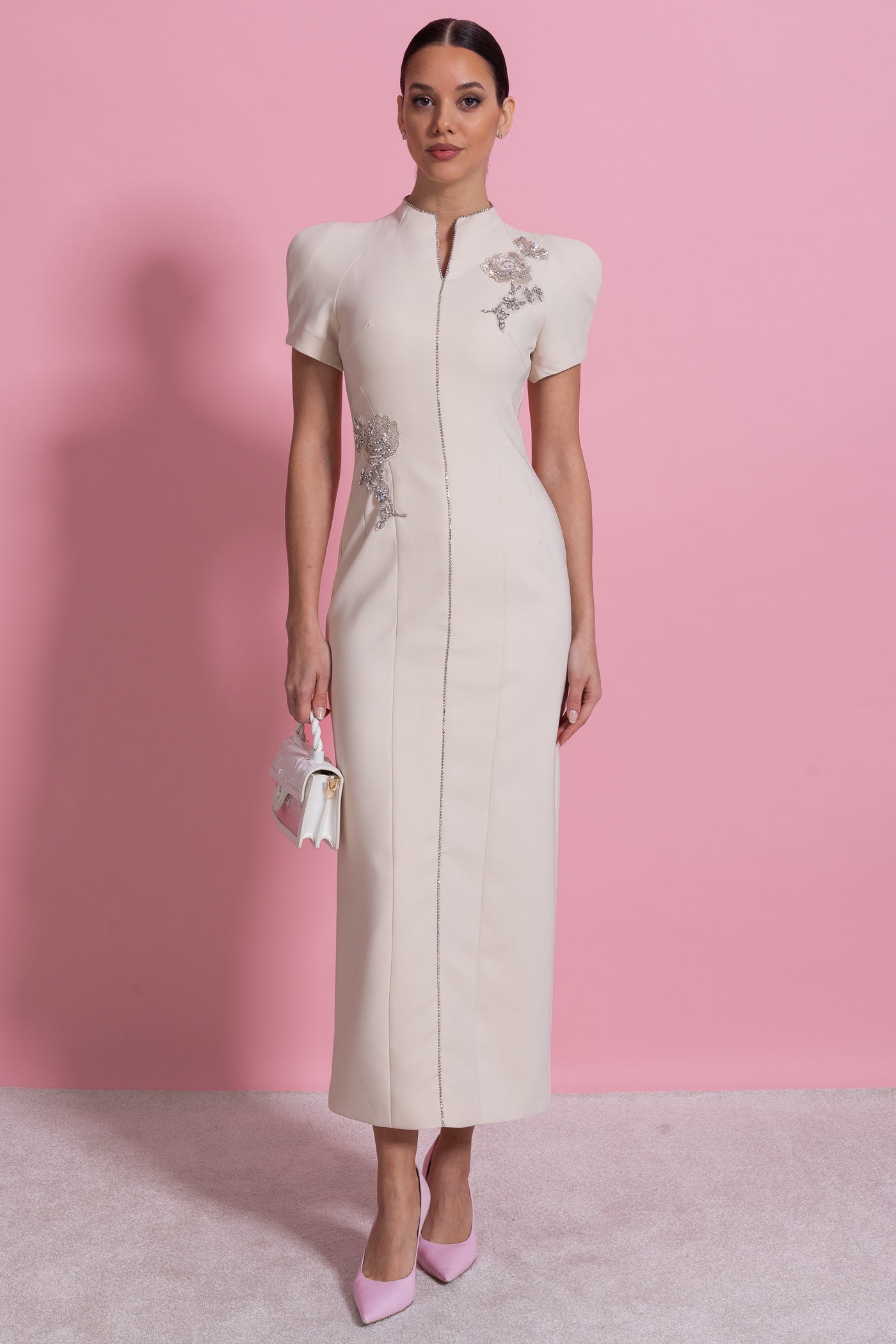 Short Sleeve Midi Dress With High Split Neckline And Sparkling Embellishments - Ivoire - ICYBOO