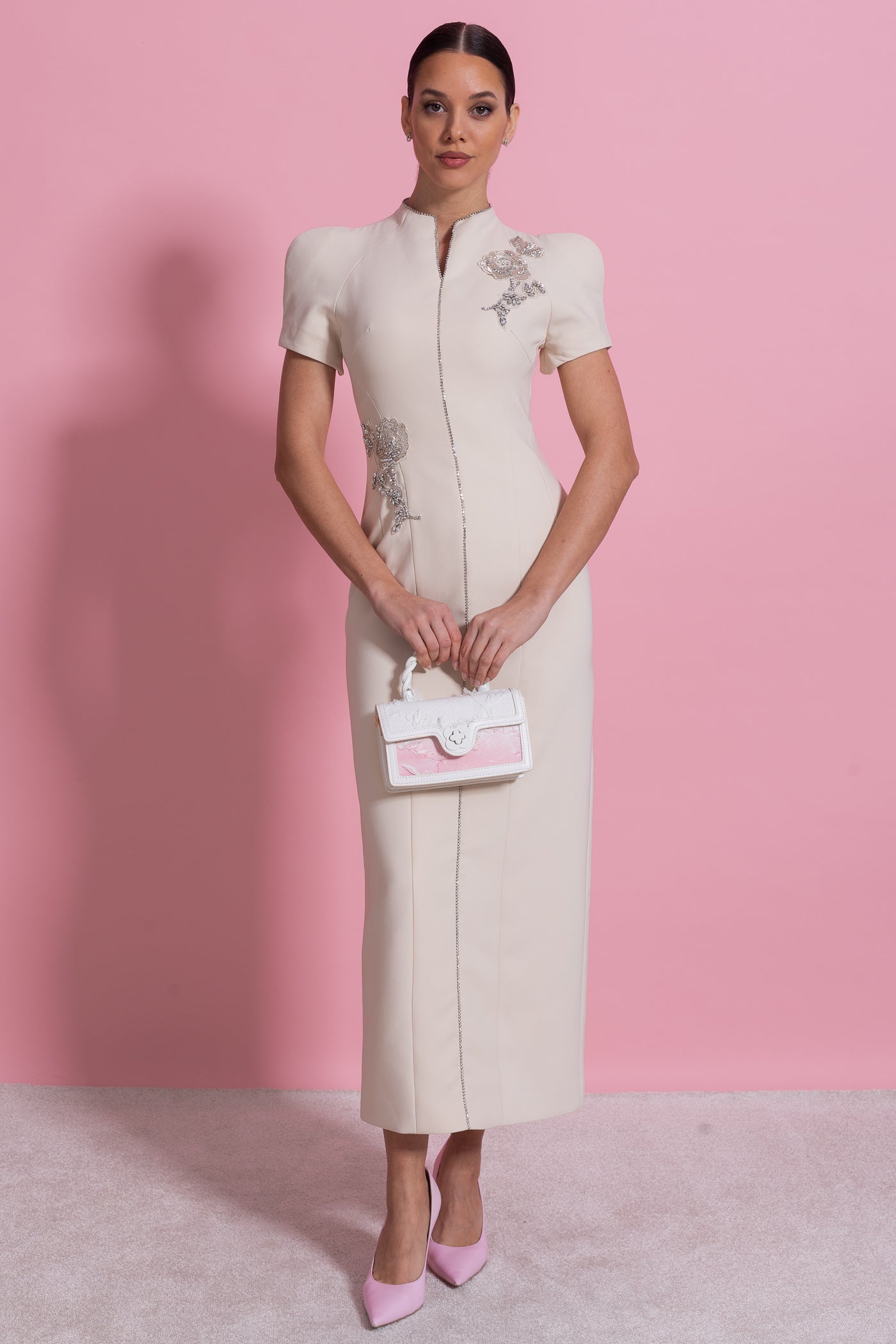 Short Sleeve Midi Dress With High Split Neckline And Sparkling Embellishments - Ivoire - ICYBOO