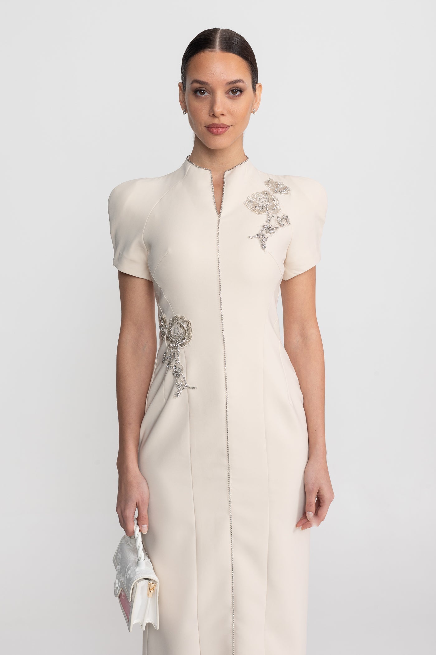 Short Sleeve Midi Dress With High Split Neckline And Sparkling Embellishments - Ivoire - ICYBOO