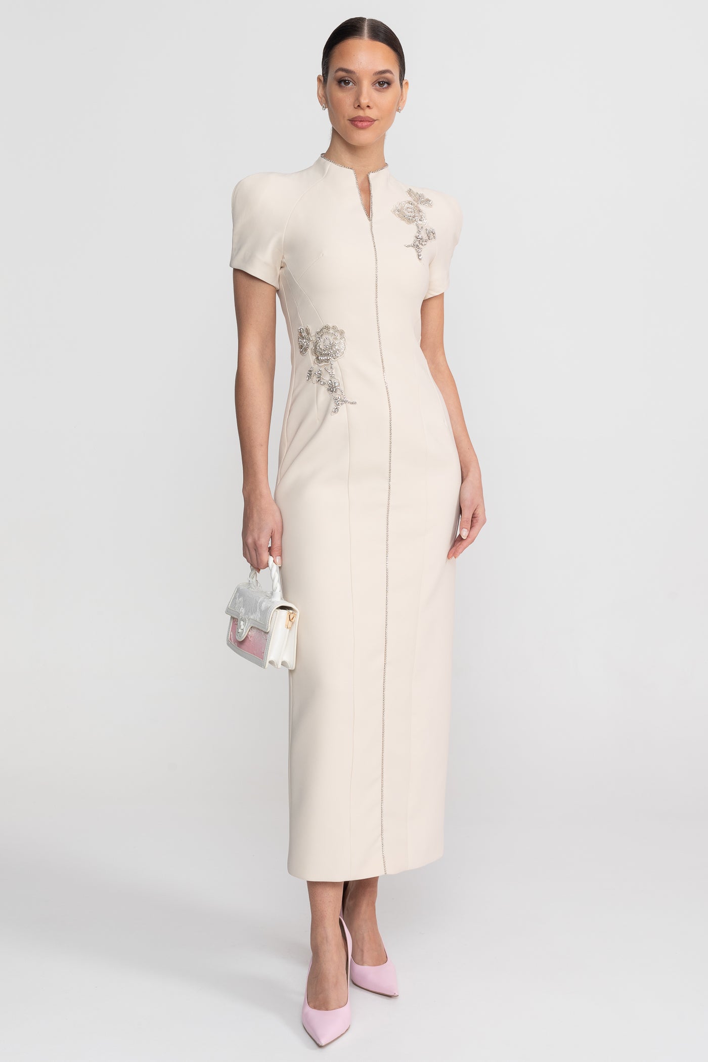 Short Sleeve Midi Dress With High Split Neckline And Sparkling Embellishments - Ivoire - ICYBOO