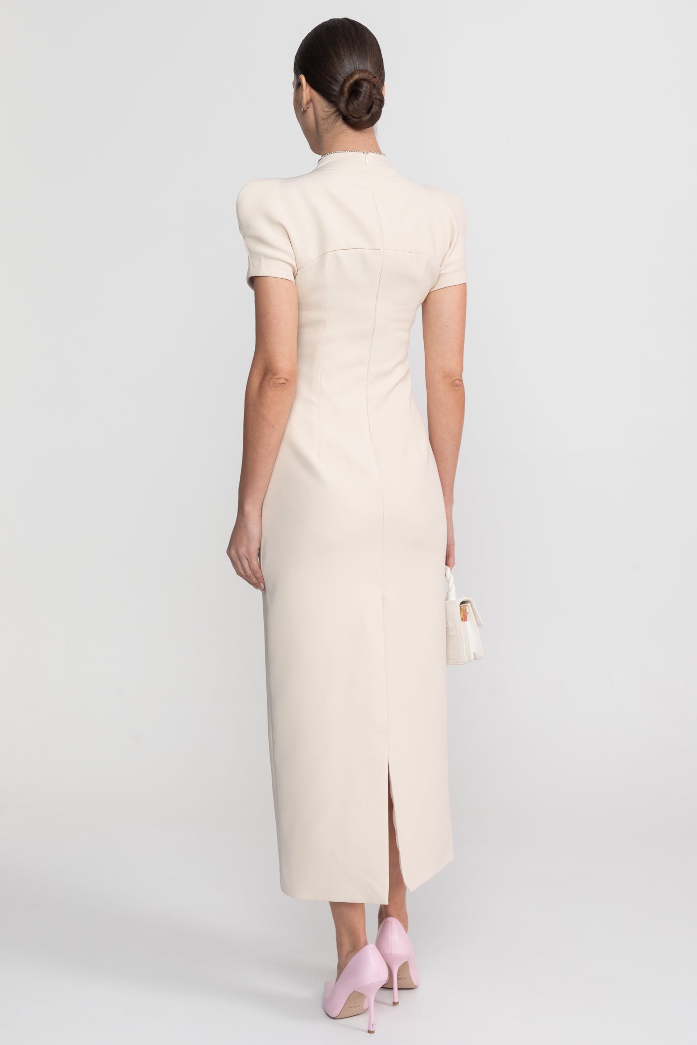 Short Sleeve Midi Dress With High Split Neckline And Sparkling Embellishments - Ivoire - ICYBOO