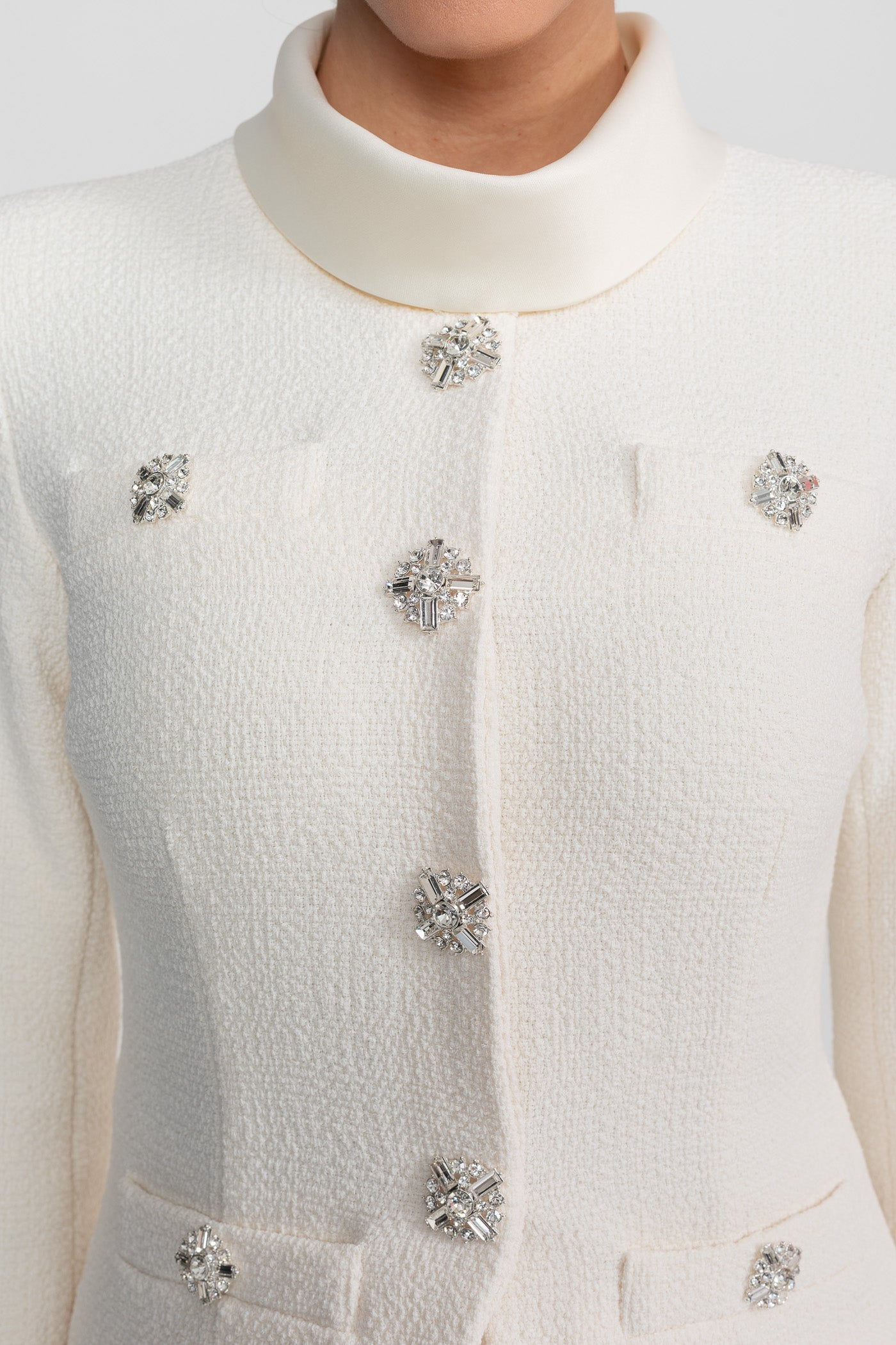 Textured Midi Dress With High Neck Jacket And Crystal Button Detail - White - ICYBOO