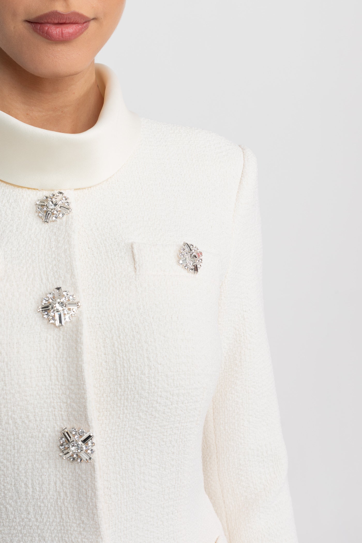 Textured Midi Dress With High Neck Jacket And Crystal Button Detail - White - ICYBOO