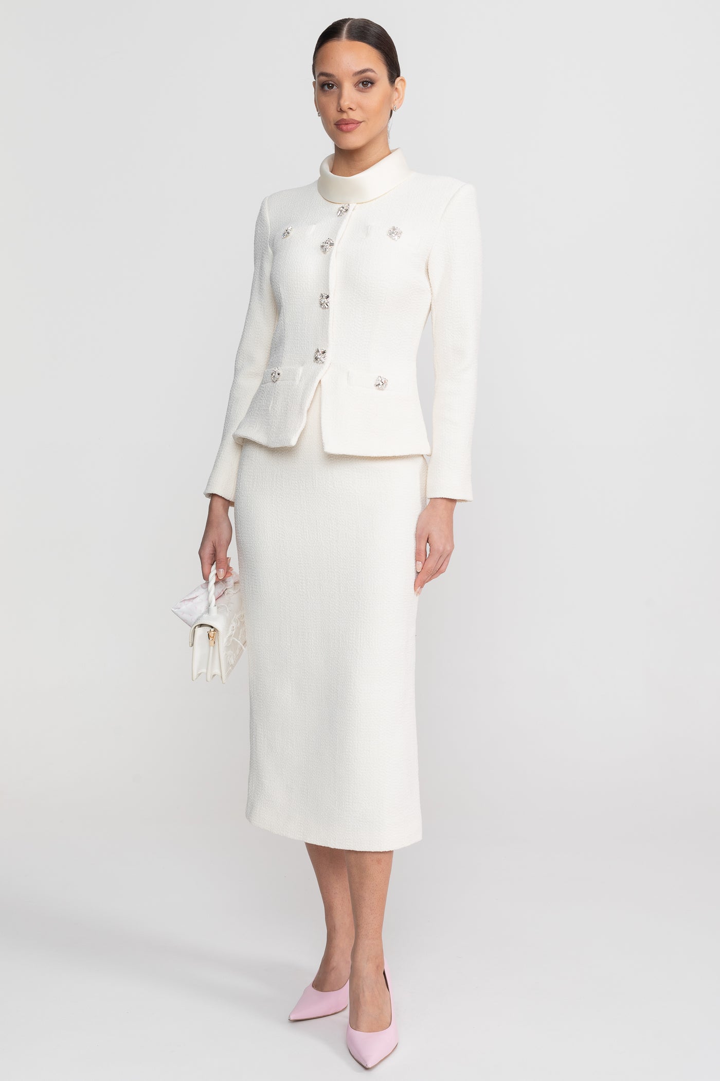 Textured Midi Dress With High Neck Jacket And Crystal Button Detail - White - ICYBOO