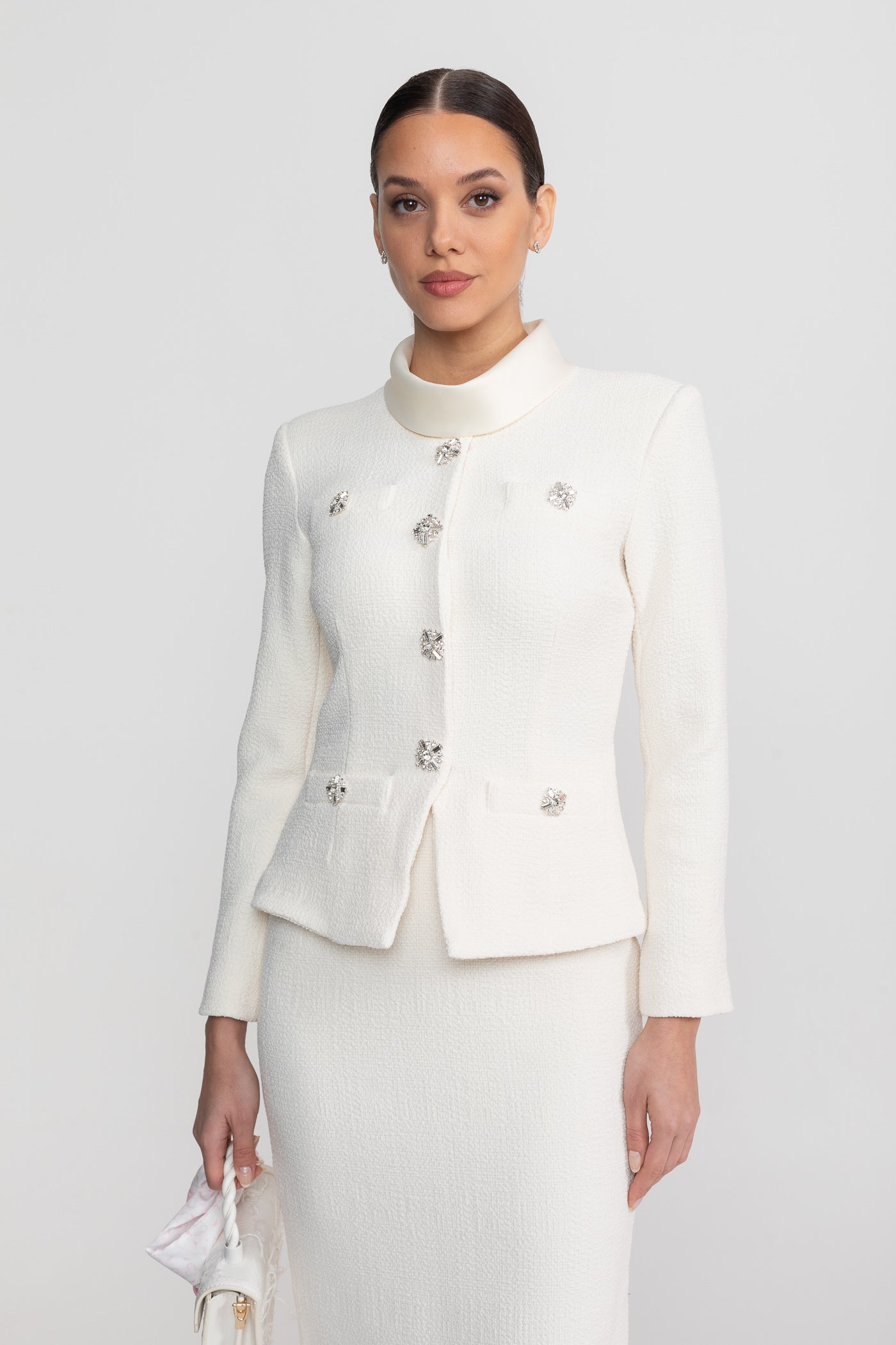 Textured Midi Dress With High Neck Jacket And Crystal Button Detail - White - ICYBOO