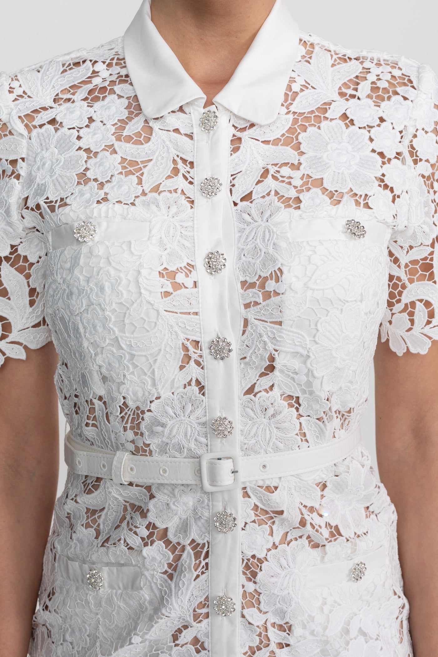 Lace Short Sleeve Midi Dress With Collared Neckline And Belted Waist - White - ICYBOO
