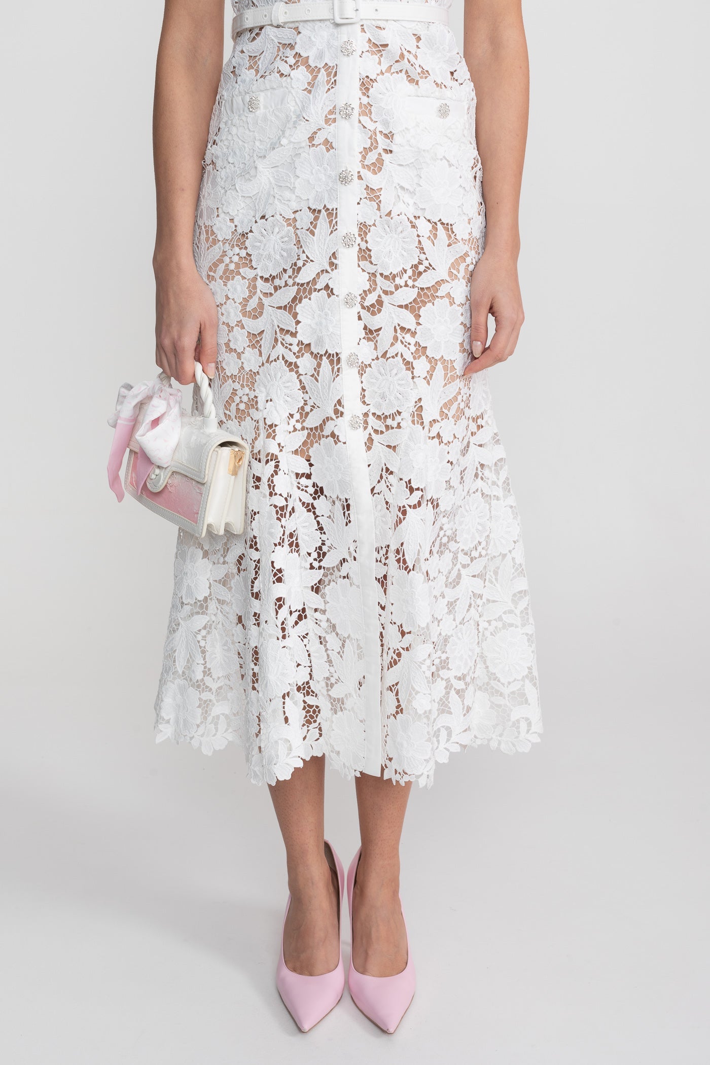 Lace Short Sleeve Midi Dress With Collared Neckline And Belted Waist - White - ICYBOO