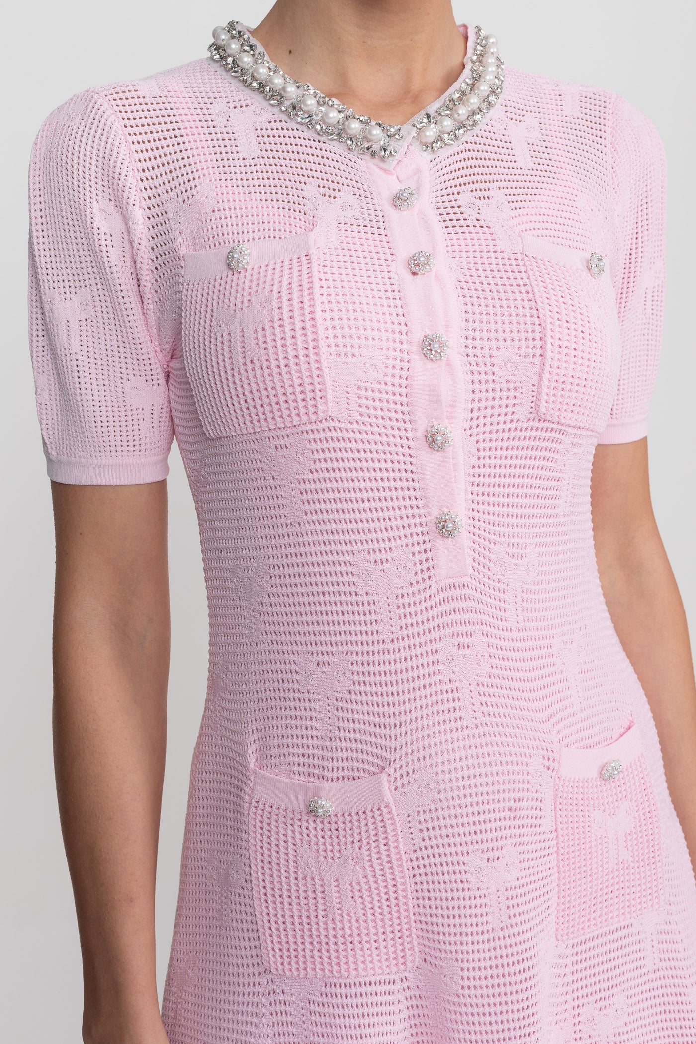 Textured Short Sleeve Mini Dress With Pearl Trim Neckline And Crystal Buttons - Pink - ICYBOO