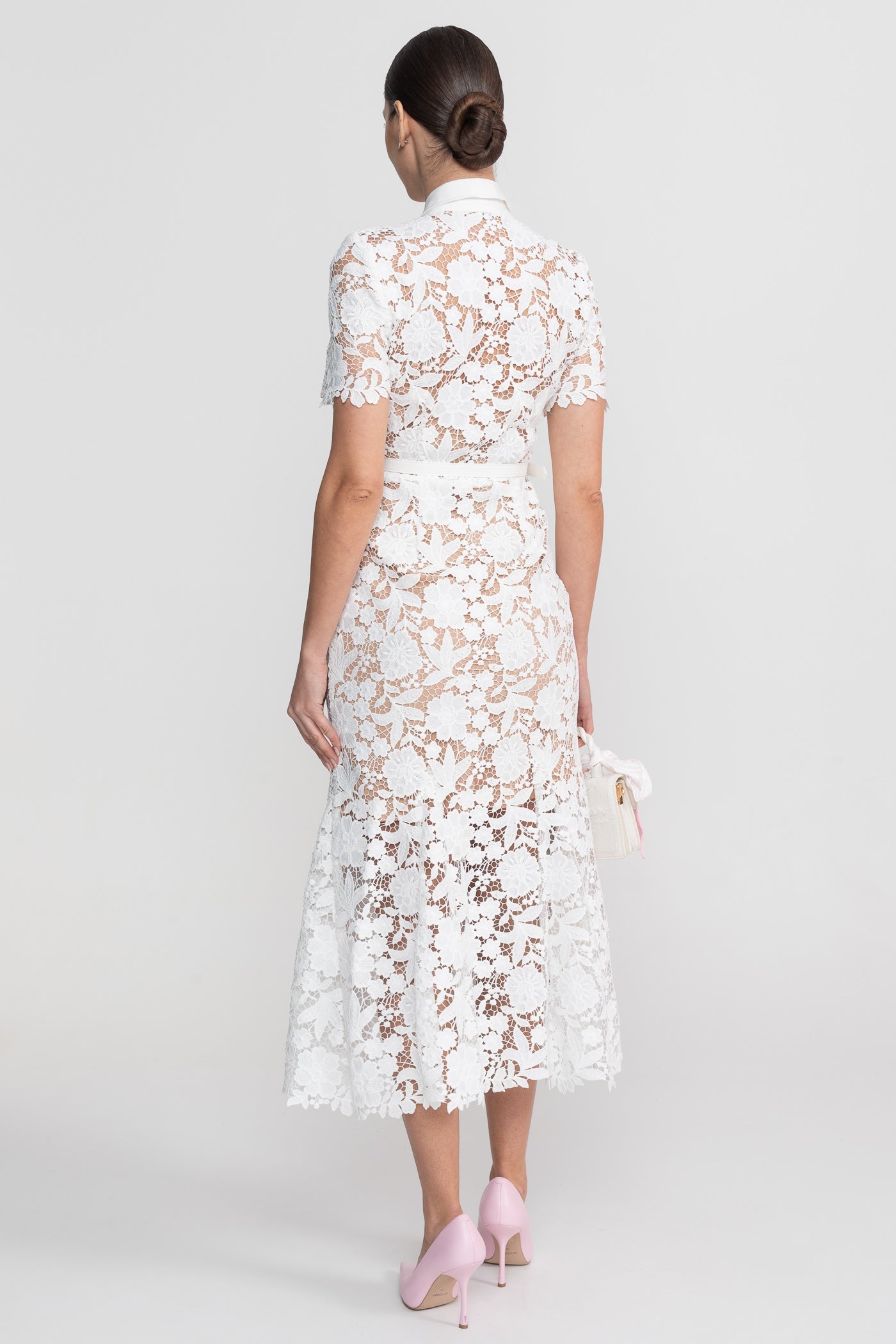 Lace Short Sleeve Midi Dress With Collared Neckline And Belted Waist - White - ICYBOO