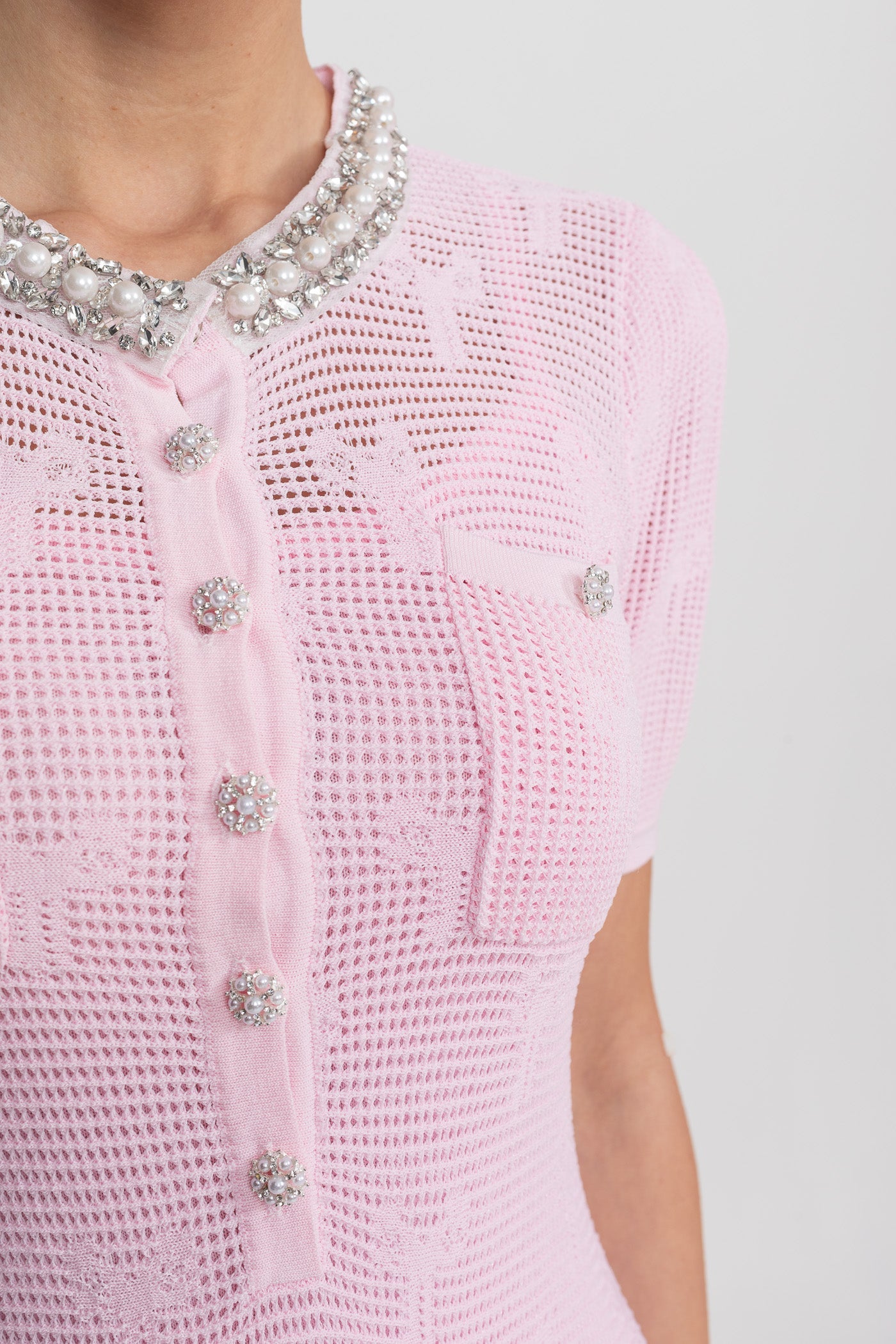Textured Short Sleeve Mini Dress With Pearl Trim Neckline And Crystal Buttons - Pink - ICYBOO