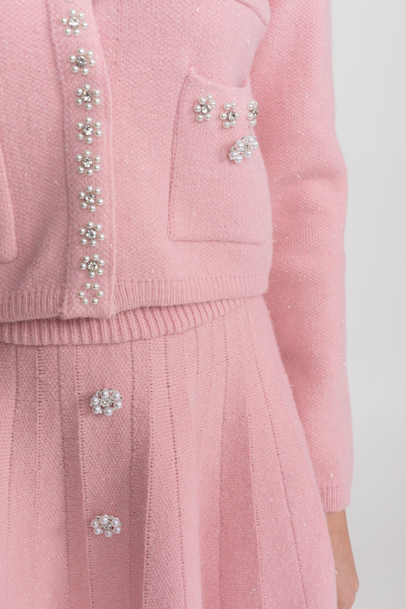 Knit Co-Ord Set With Long Sleeve Cardigan And Matching Mini Skirt - Blush Pink - ICYBOO