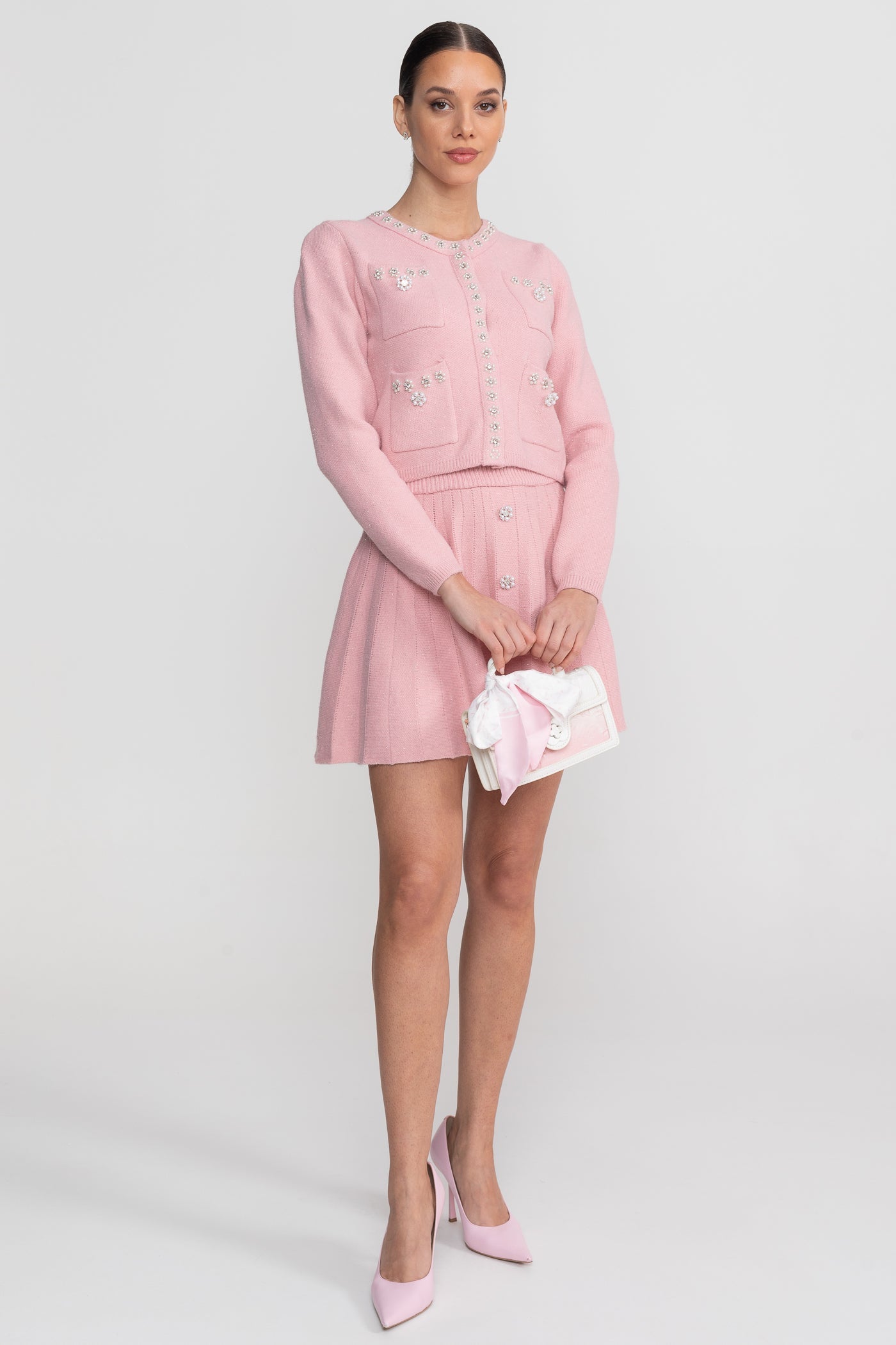 Knit Co-Ord Set With Long Sleeve Cardigan And Matching Mini Skirt - Blush Pink - ICYBOO