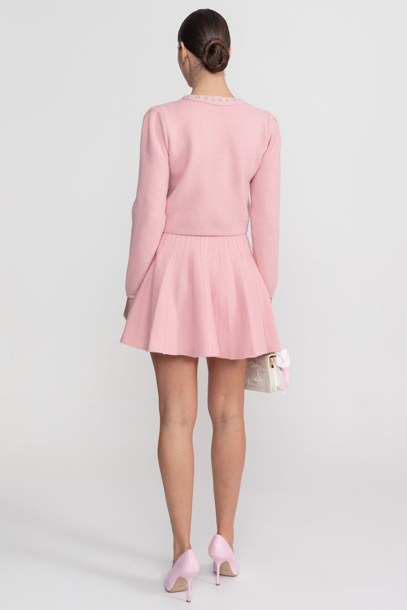 Knit Co-Ord Set With Long Sleeve Cardigan And Matching Mini Skirt - Blush Pink - ICYBOO