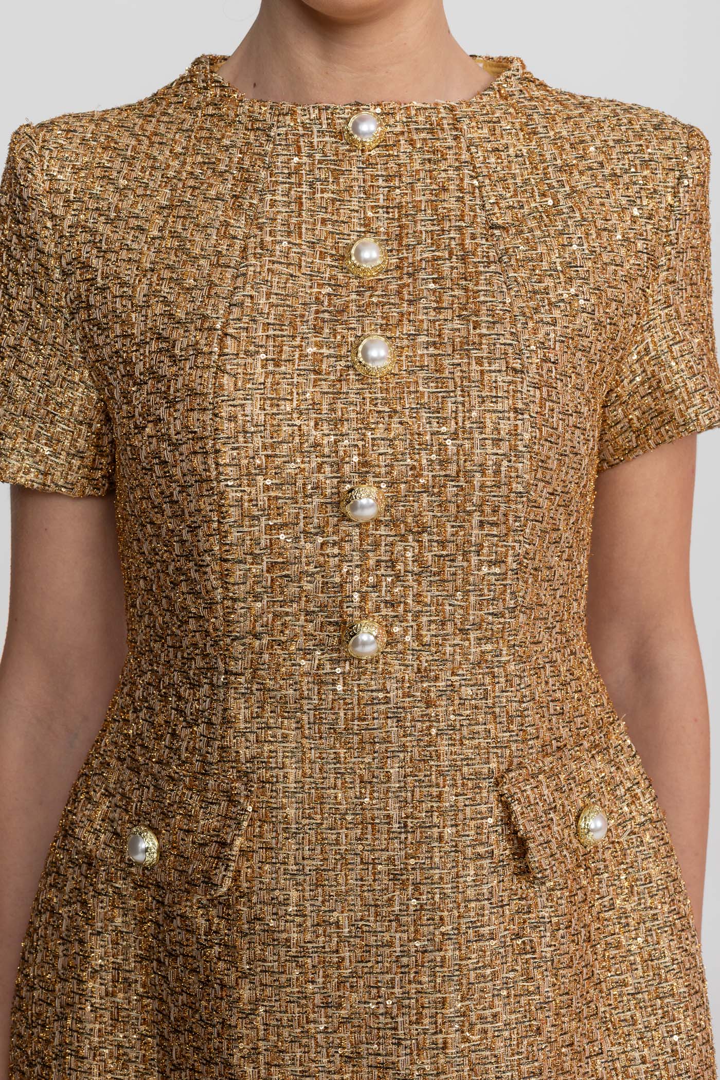 Tweed Mini Dress With Round Neckline And Pearl Button Detail - Gold - ICYBOO