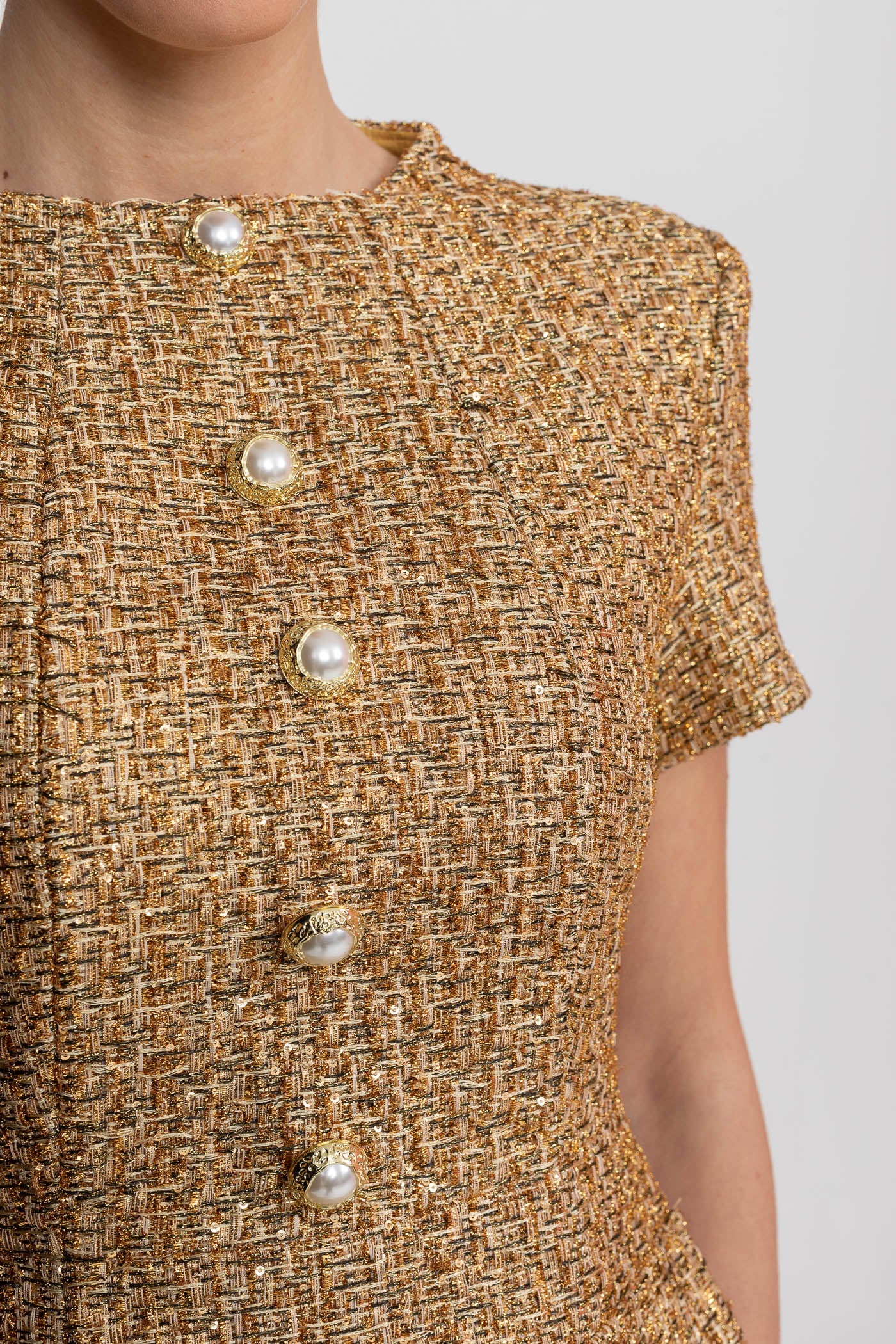 Tweed Mini Dress With Round Neckline And Pearl Button Detail - Gold - ICYBOO