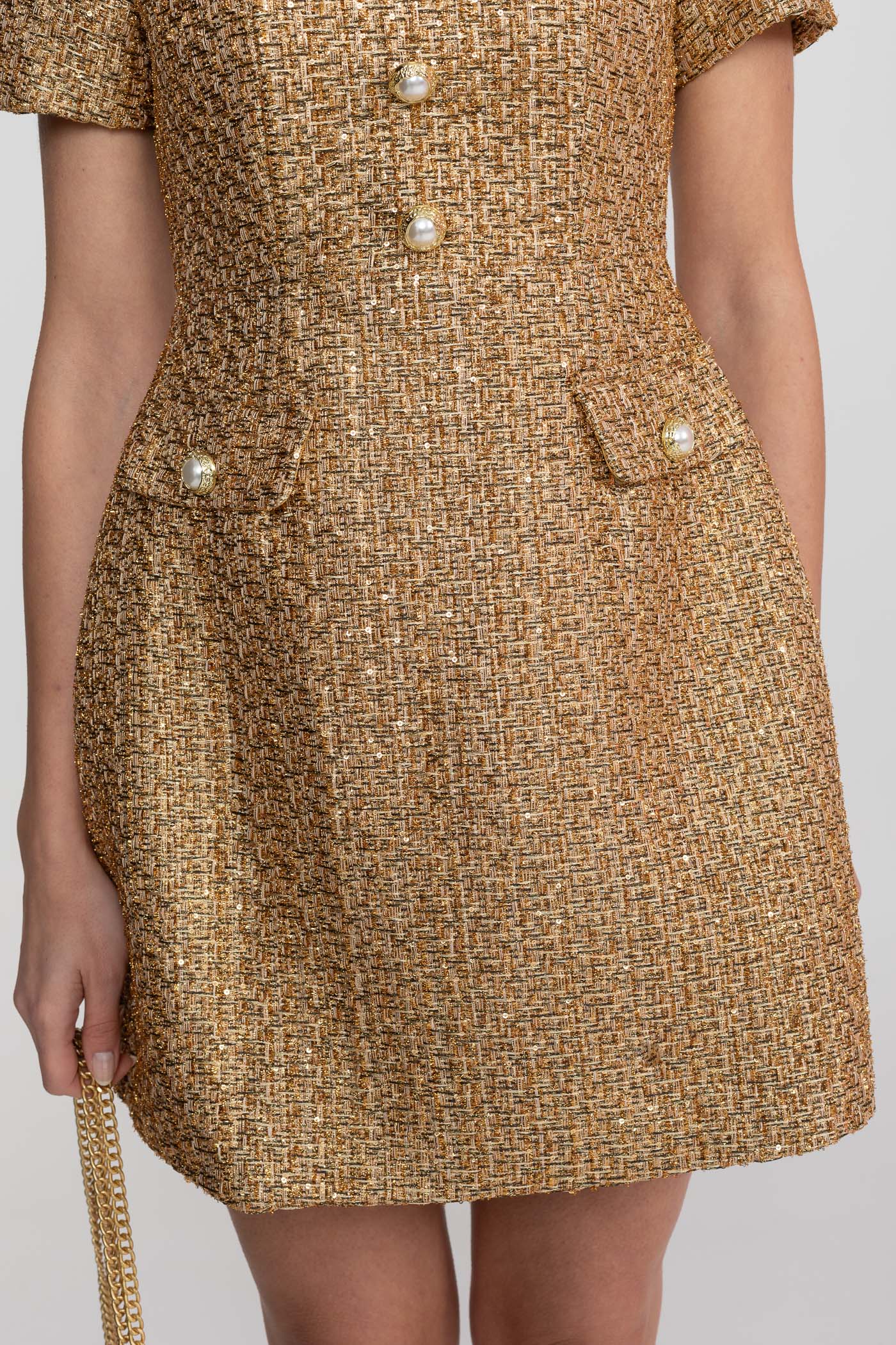 Tweed Mini Dress With Round Neckline And Pearl Button Detail - Gold - ICYBOO