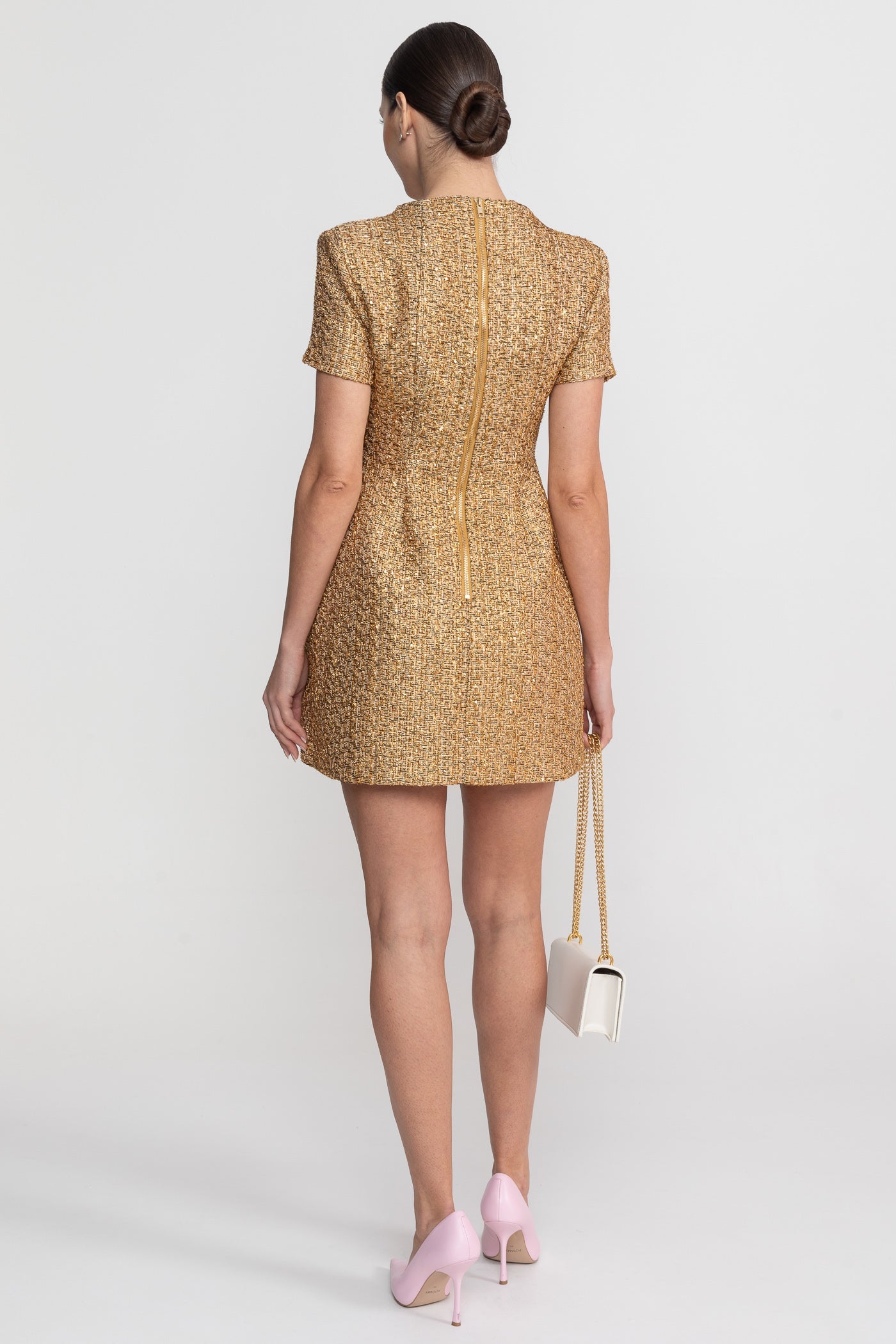 Tweed Mini Dress With Round Neckline And Pearl Button Detail - Gold - ICYBOO