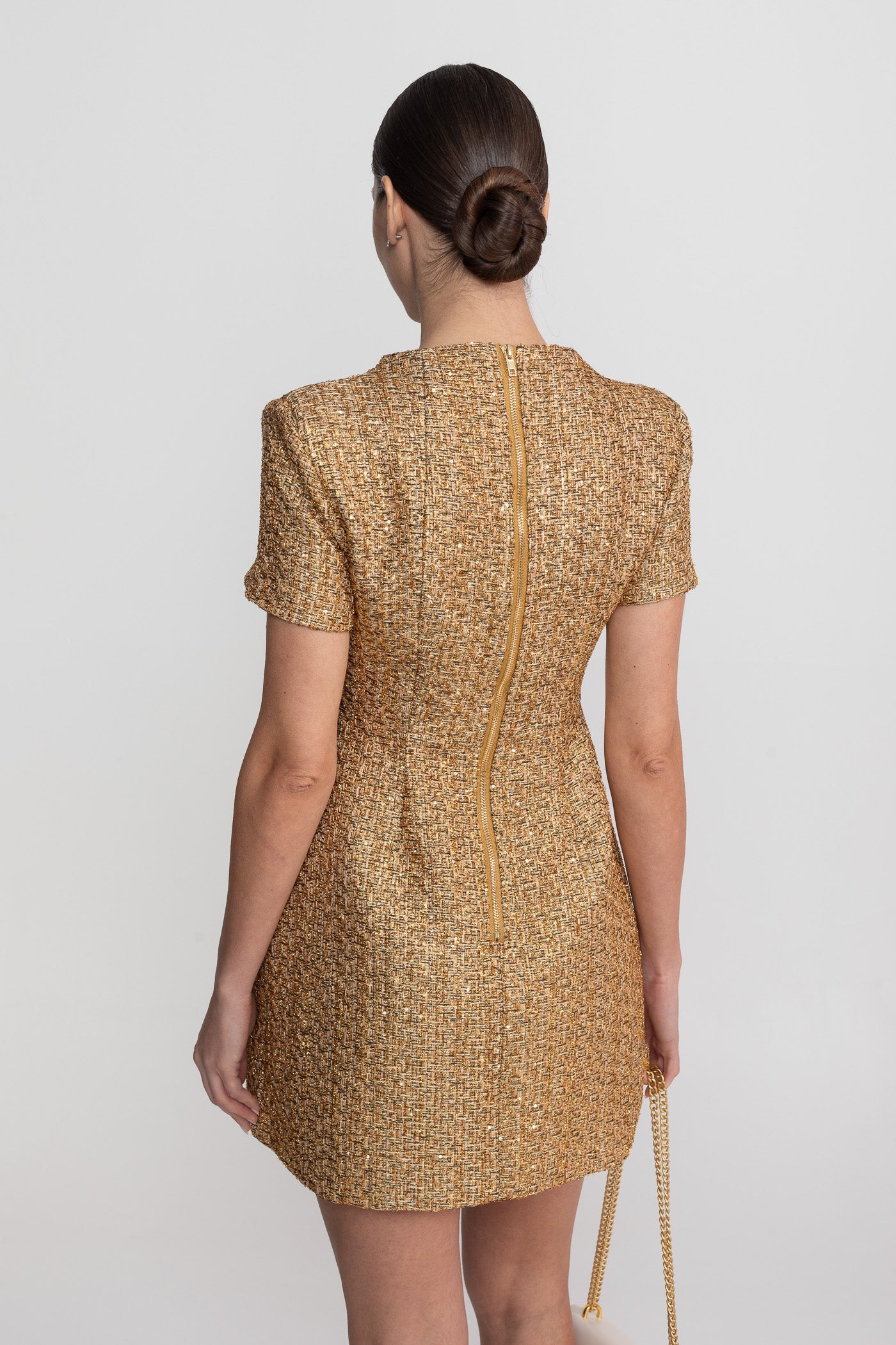 Tweed Mini Dress With Round Neckline And Pearl Button Detail - Gold - ICYBOO