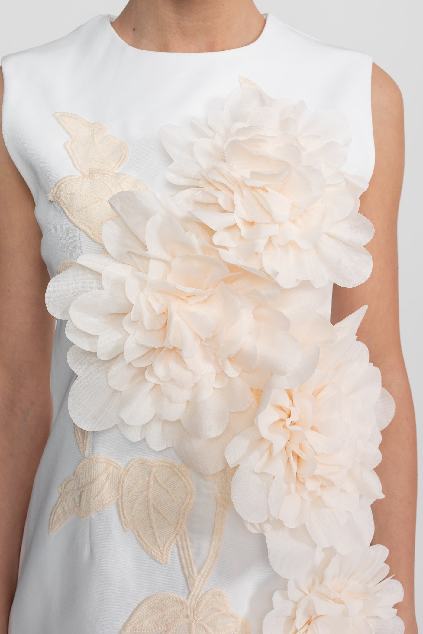 Sleeveless Mini Dress With Round Neckline And 3D Floral Appliqué - White - ICYBOO