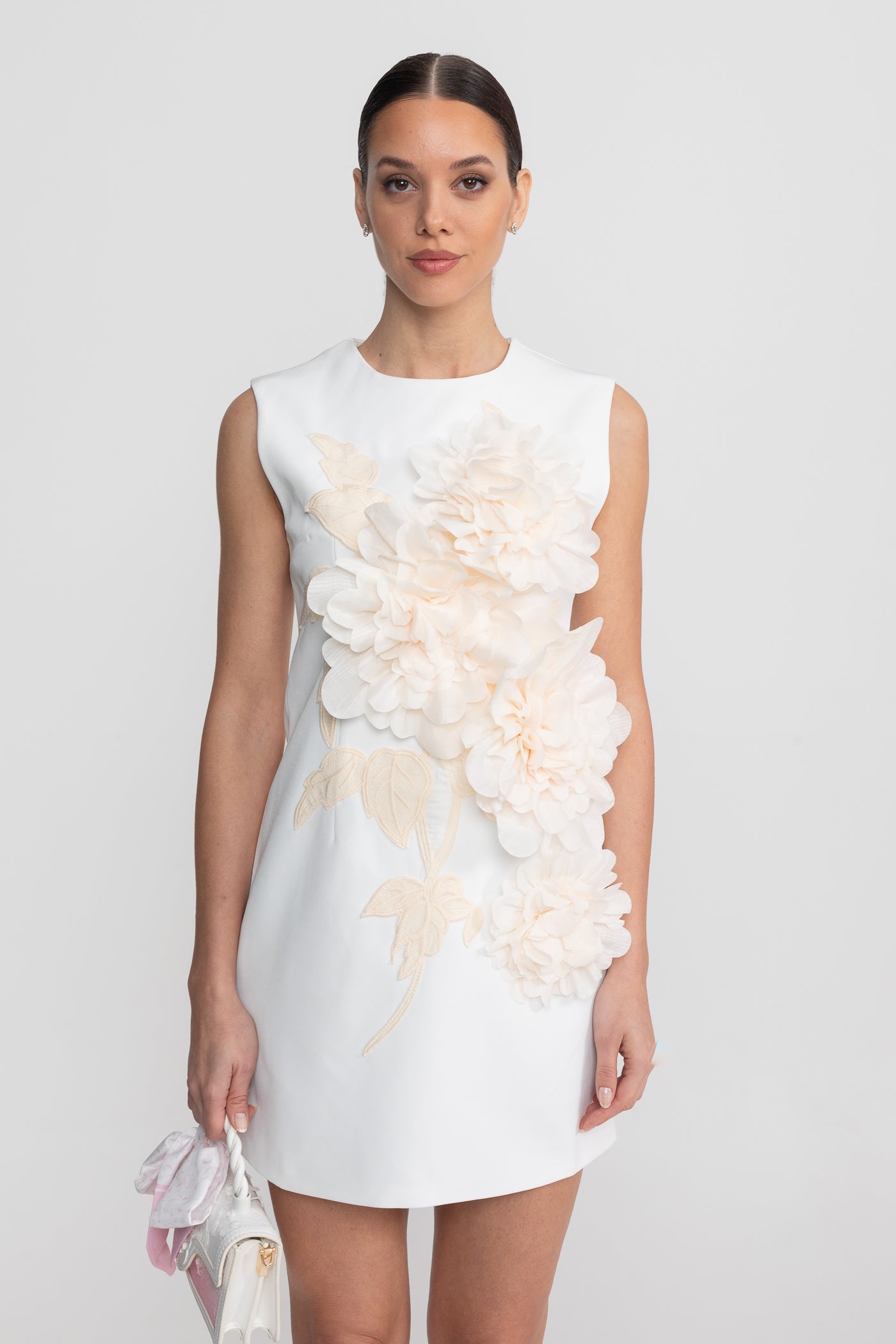 Sleeveless Mini Dress With Round Neckline And 3D Floral Appliqué - White - ICYBOO