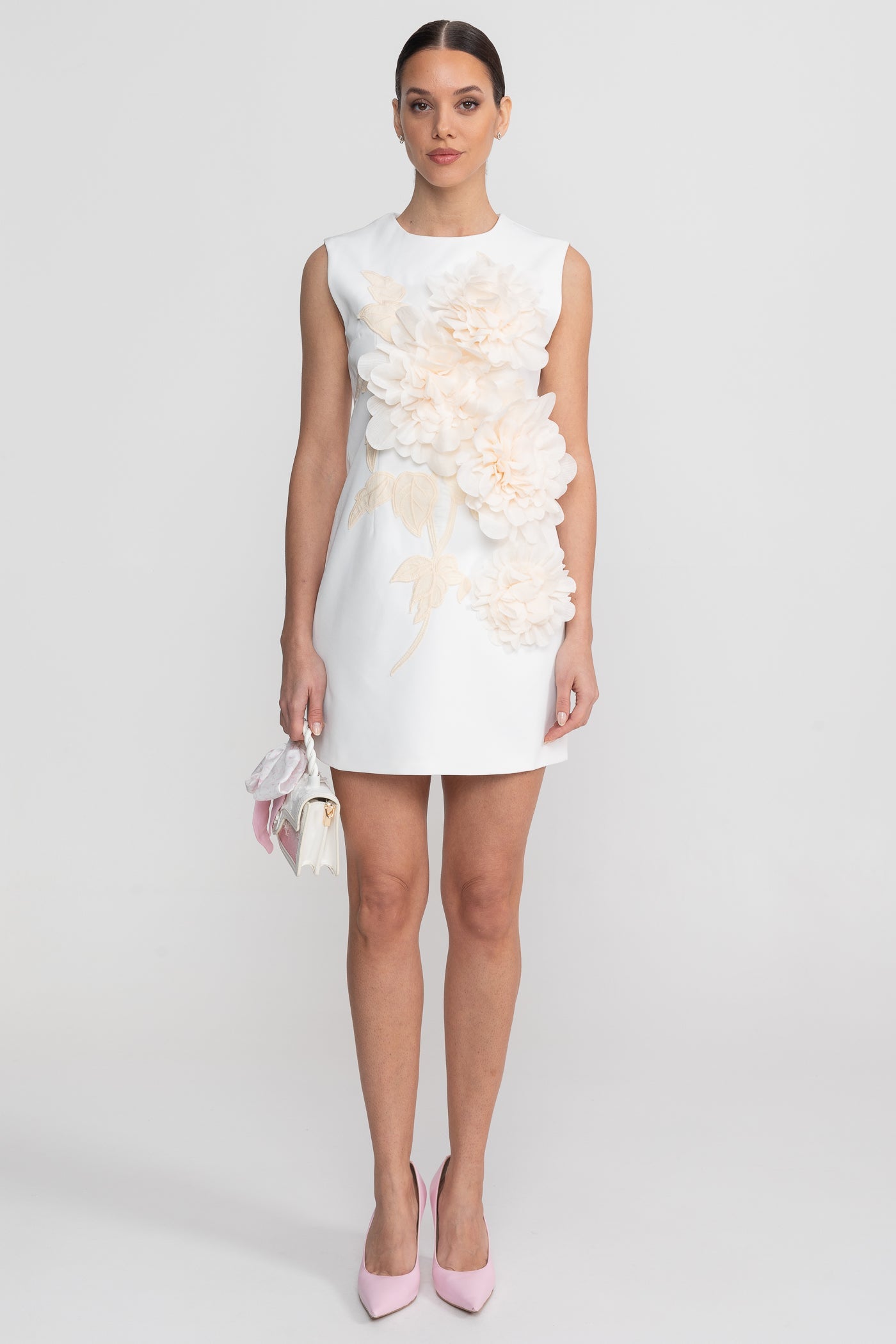 Sleeveless Mini Dress With Round Neckline And 3D Floral Appliqué - White - ICYBOO