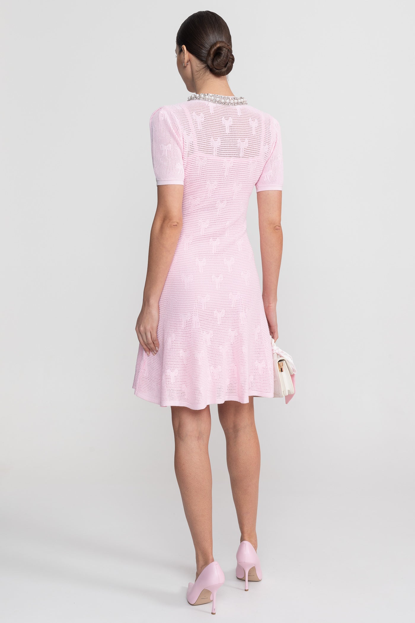 Textured Short Sleeve Mini Dress With Pearl Trim Neckline And Crystal Buttons - Pink - ICYBOO