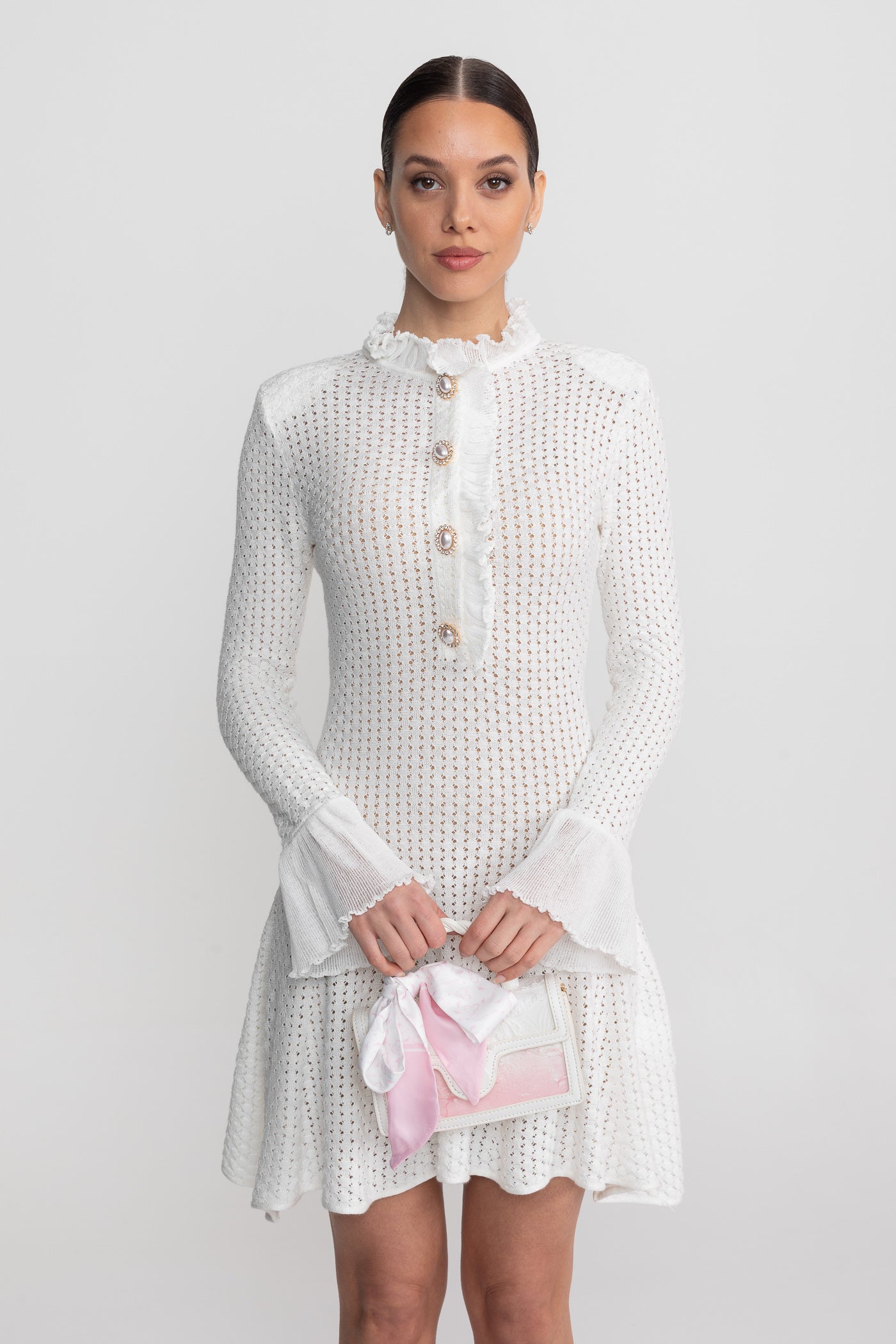 Open-Knit Mini Dress With Ruffle High Neck And Pearl Button Placket - White - ICYBOO
