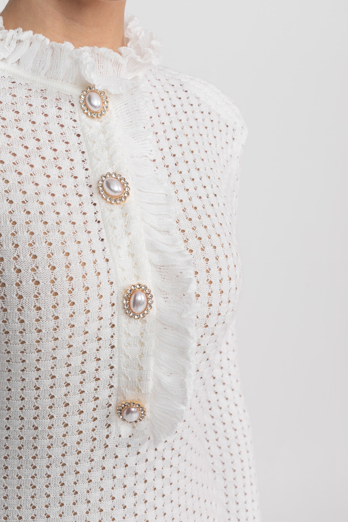 Open-Knit Mini Dress With Ruffle High Neck And Pearl Button Placket - White - ICYBOO