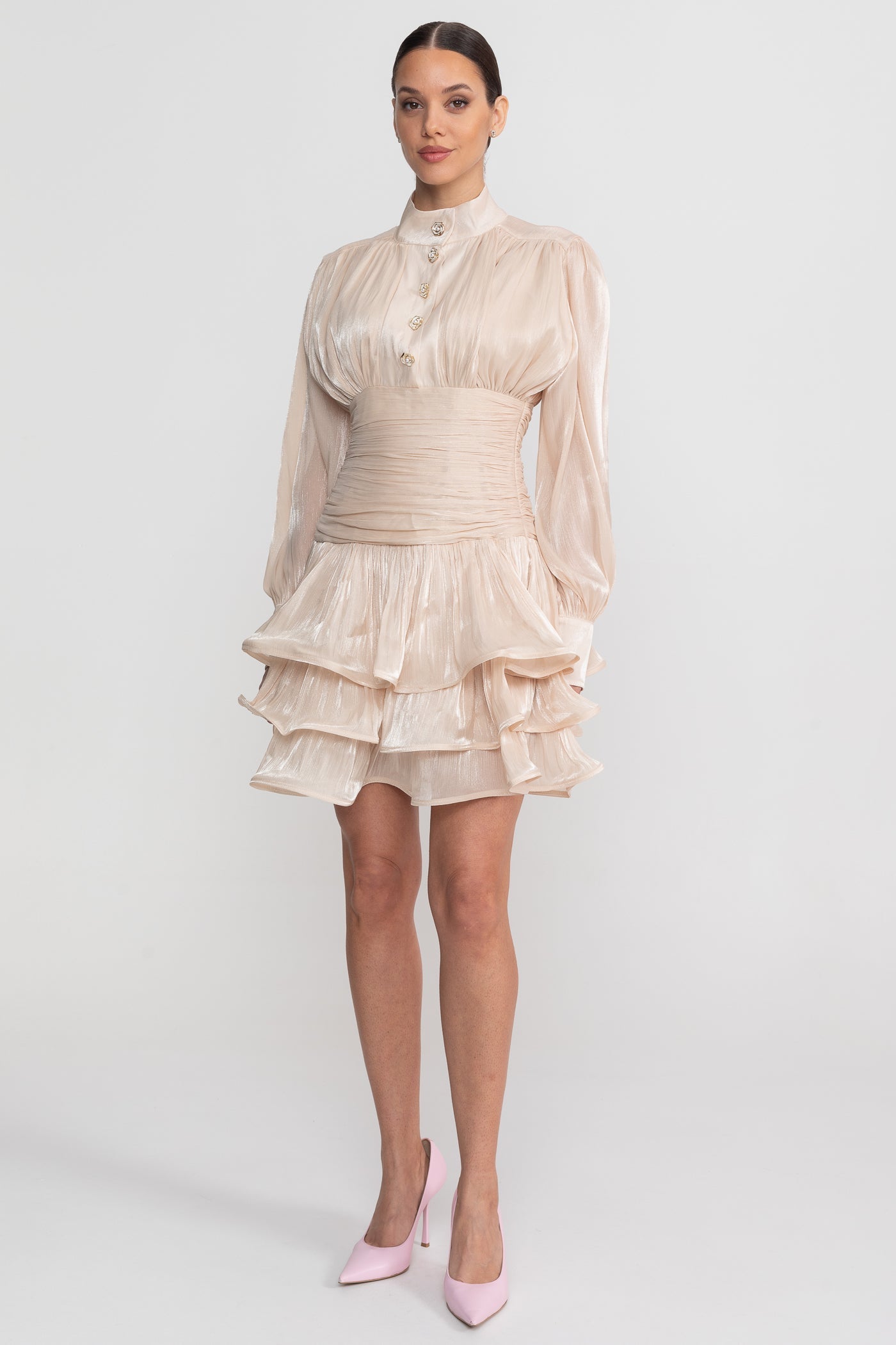 Draped Long Sleeve Mini Dress With Tiered Ruffle Skirt - Champagne - ICYBOO