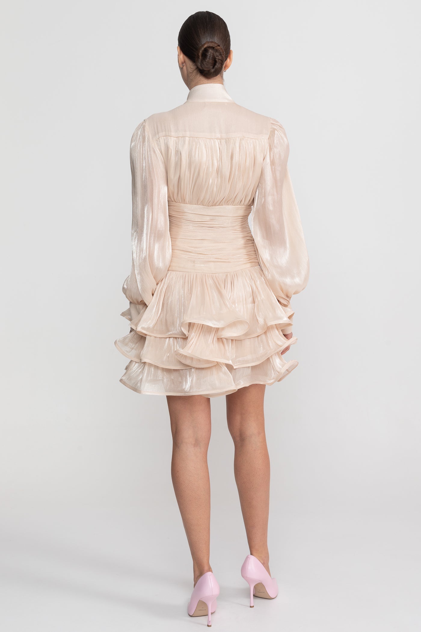Draped Long Sleeve Mini Dress With Tiered Ruffle Skirt - Champagne - ICYBOO