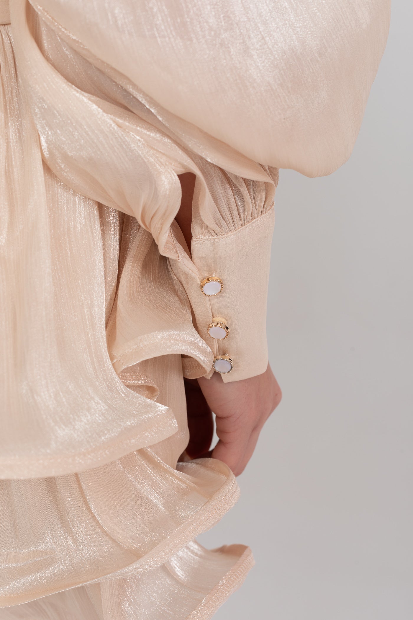 Draped Long Sleeve Mini Dress With Tiered Ruffle Skirt - Champagne - ICYBOO
