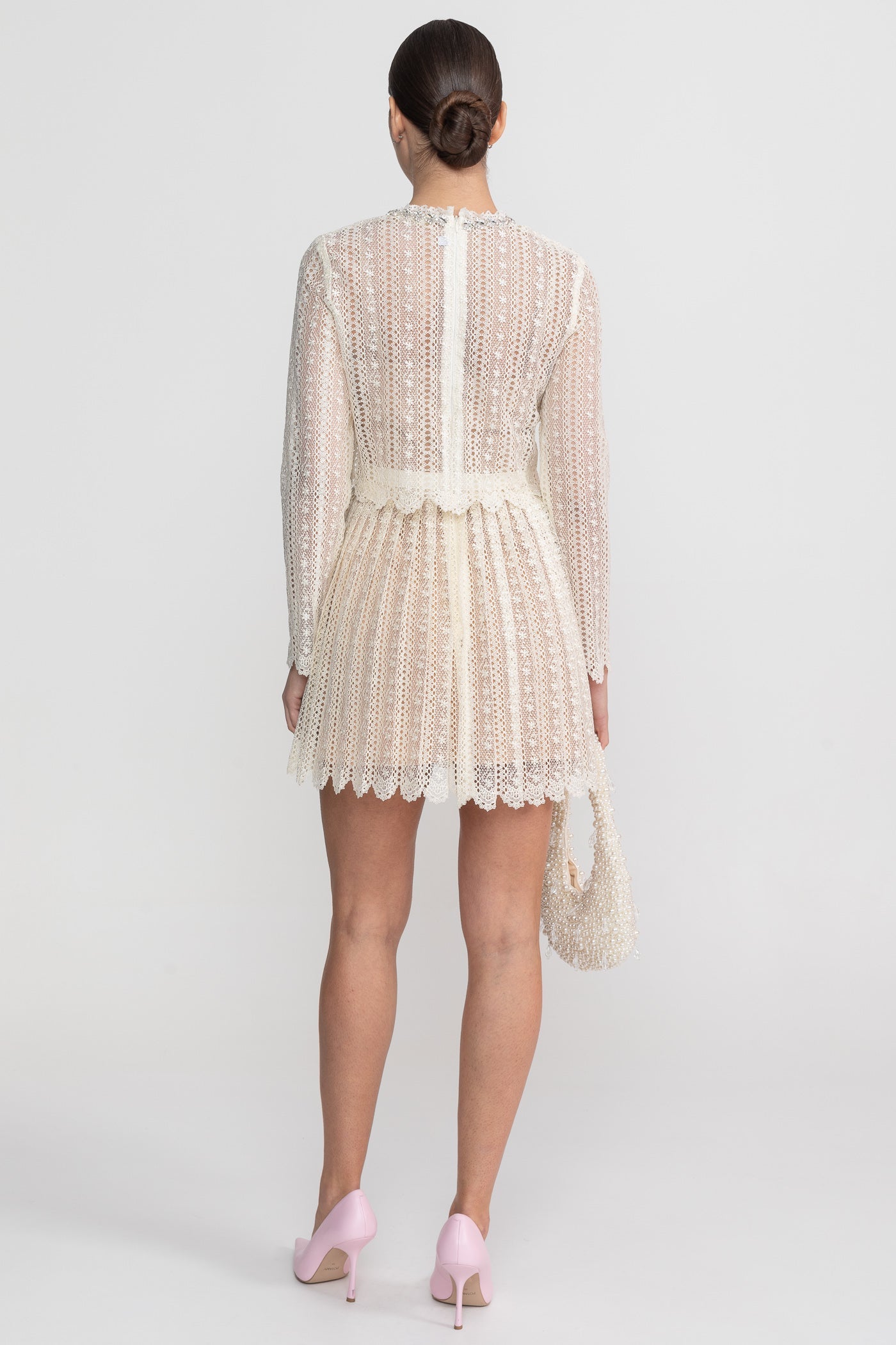 Lace Mini Dress With High Neckline And Pleated Skirt - Ivoire - ICYBOO
