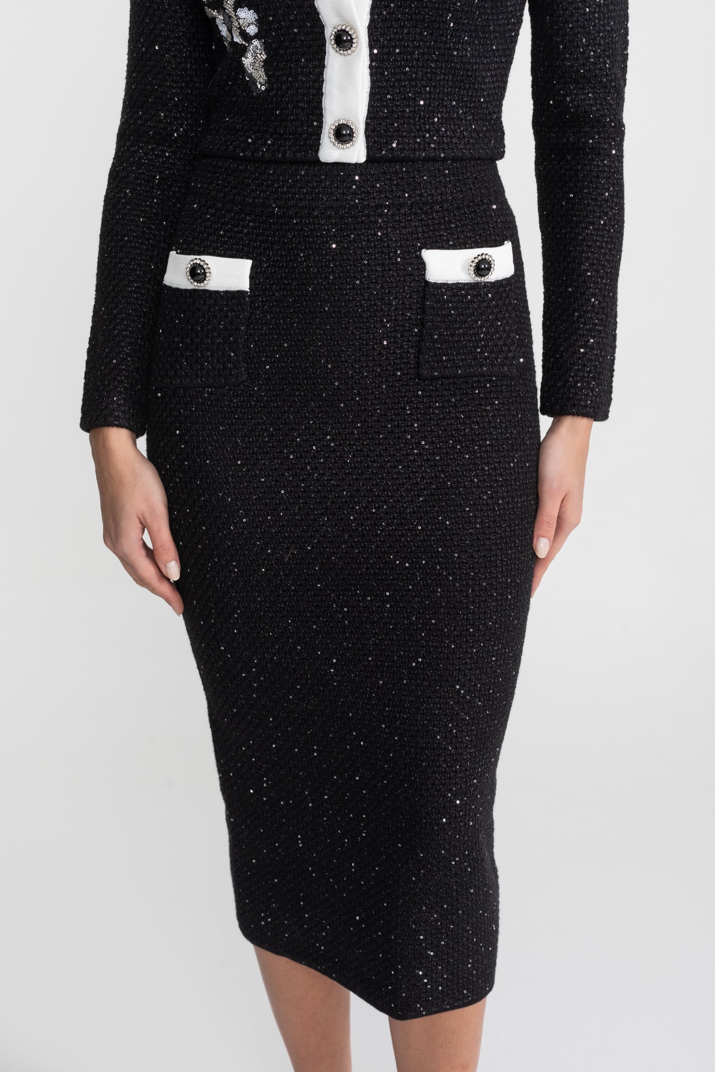 Embroidered Tweed Knit Co-Ord Set with Contrast Trim – Black - ICYBOO