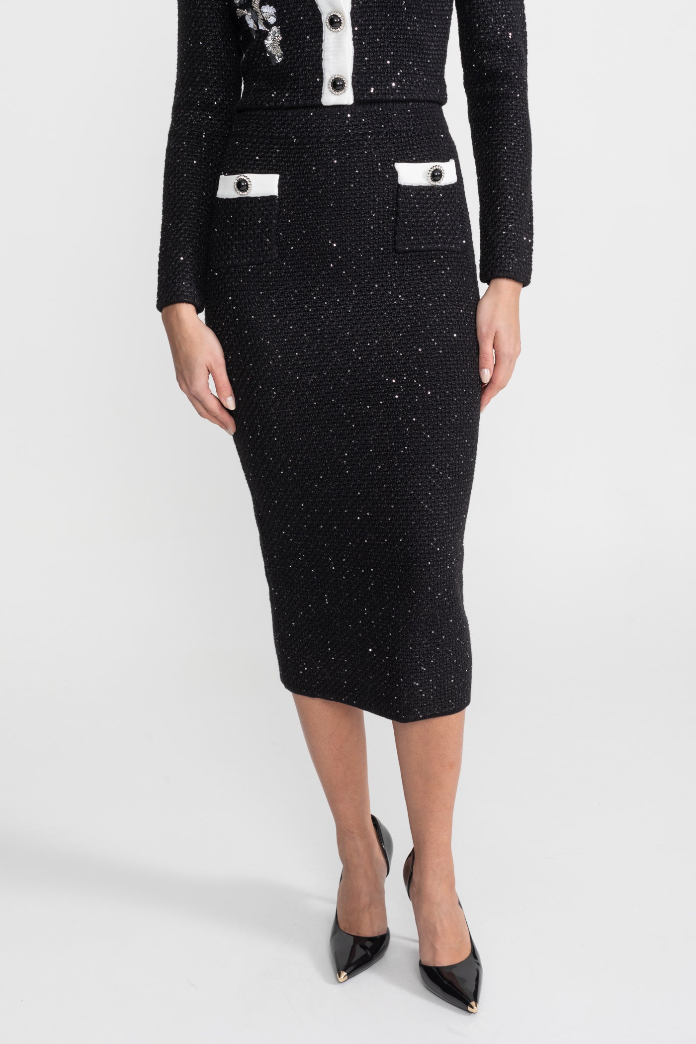 Embroidered Tweed Knit Co-Ord Set with Contrast Trim – Black - ICYBOO
