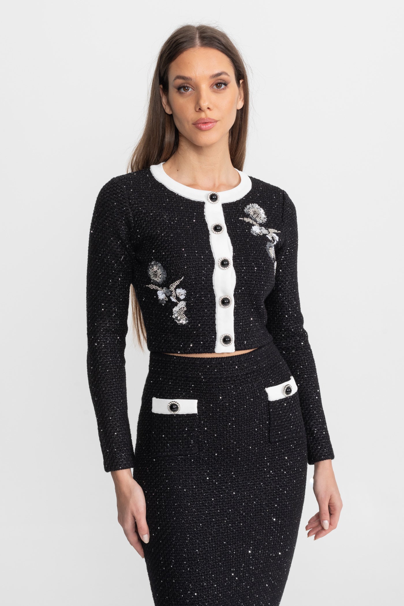 Embroidered Tweed Knit Co-Ord Set with Contrast Trim – Black - ICYBOO