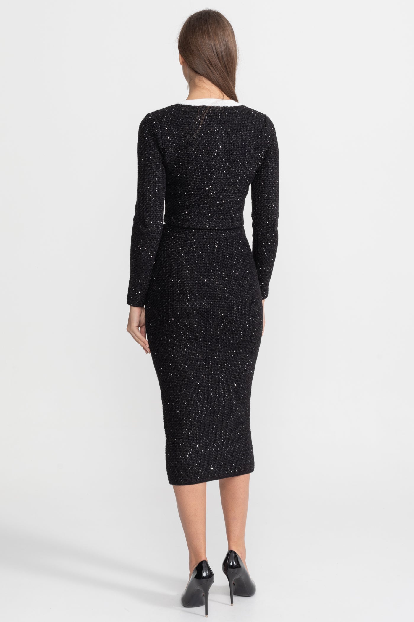 Embroidered Tweed Knit Co-Ord Set with Contrast Trim – Black - ICYBOO