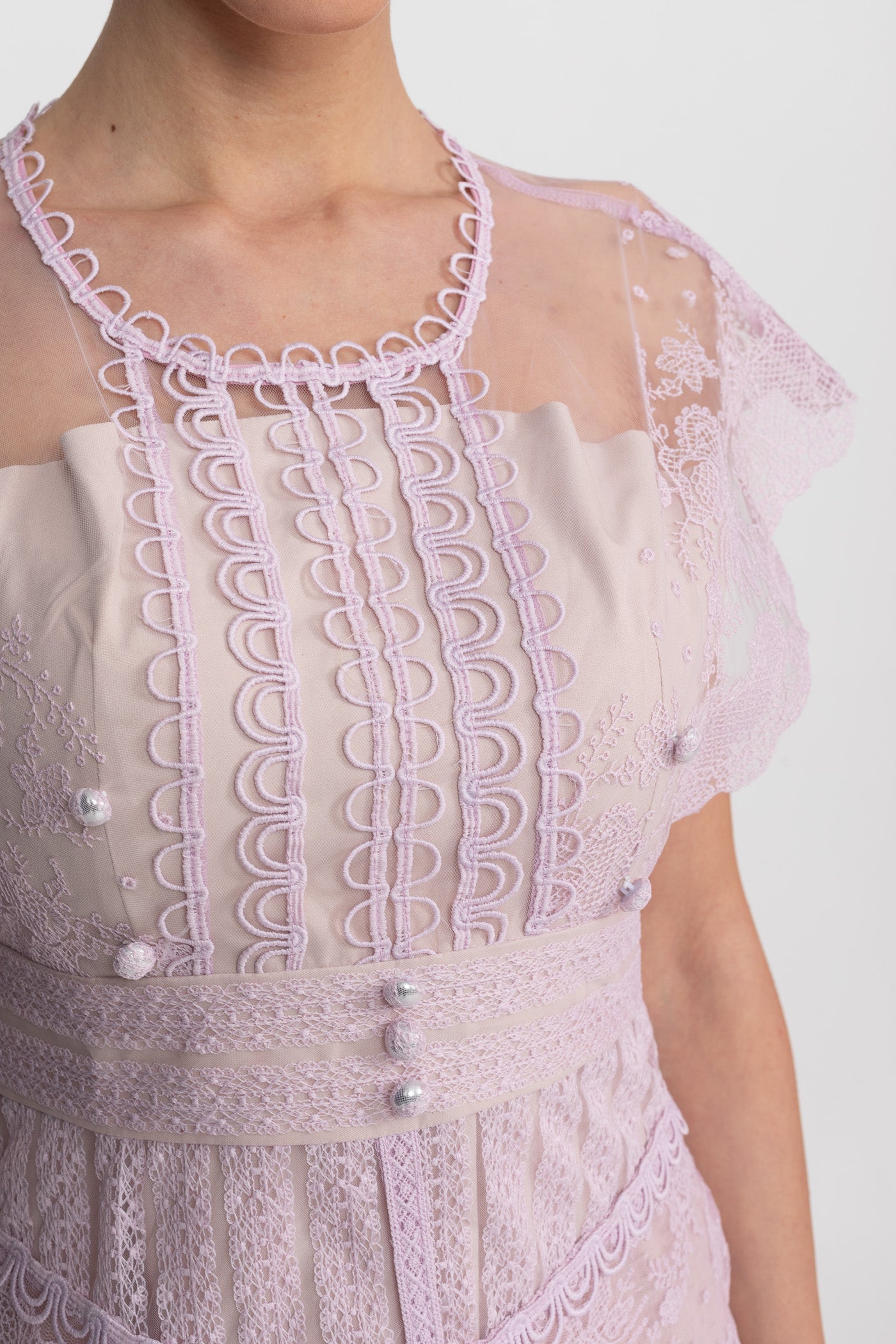 Lace Cap Sleeve Midi Dress With Scalloped Trims And Pearl Button Detail - Lilac - ICYBOO